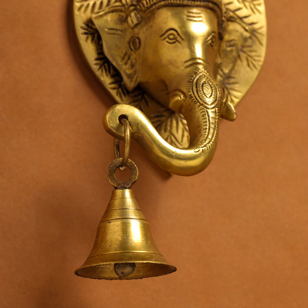 Brass Ganesha Bell On Leaf Wall Hanging (7.5 Inch) - Image 9