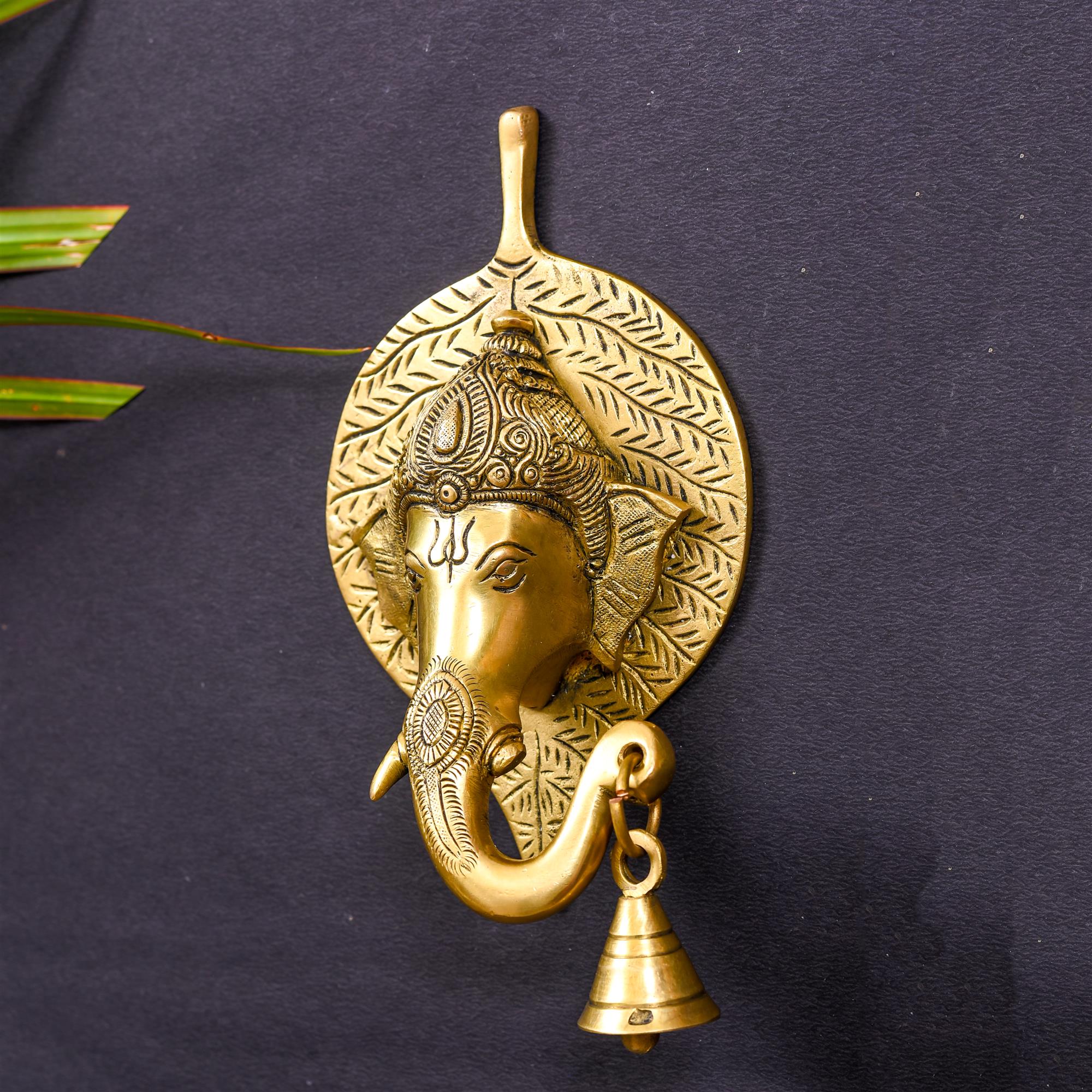 Brass Ganesha Bell On Leaf Wall Hanging (8 Inch) - Image 2