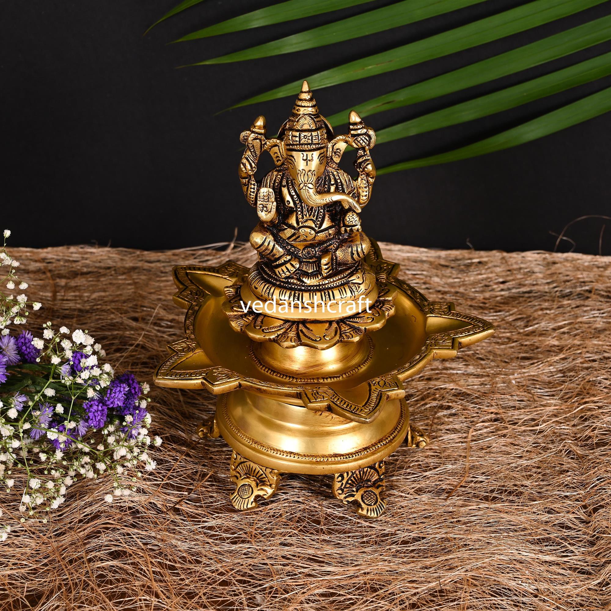 Brass Ganesha Five Petal Diya (9 Inch) - Image 2