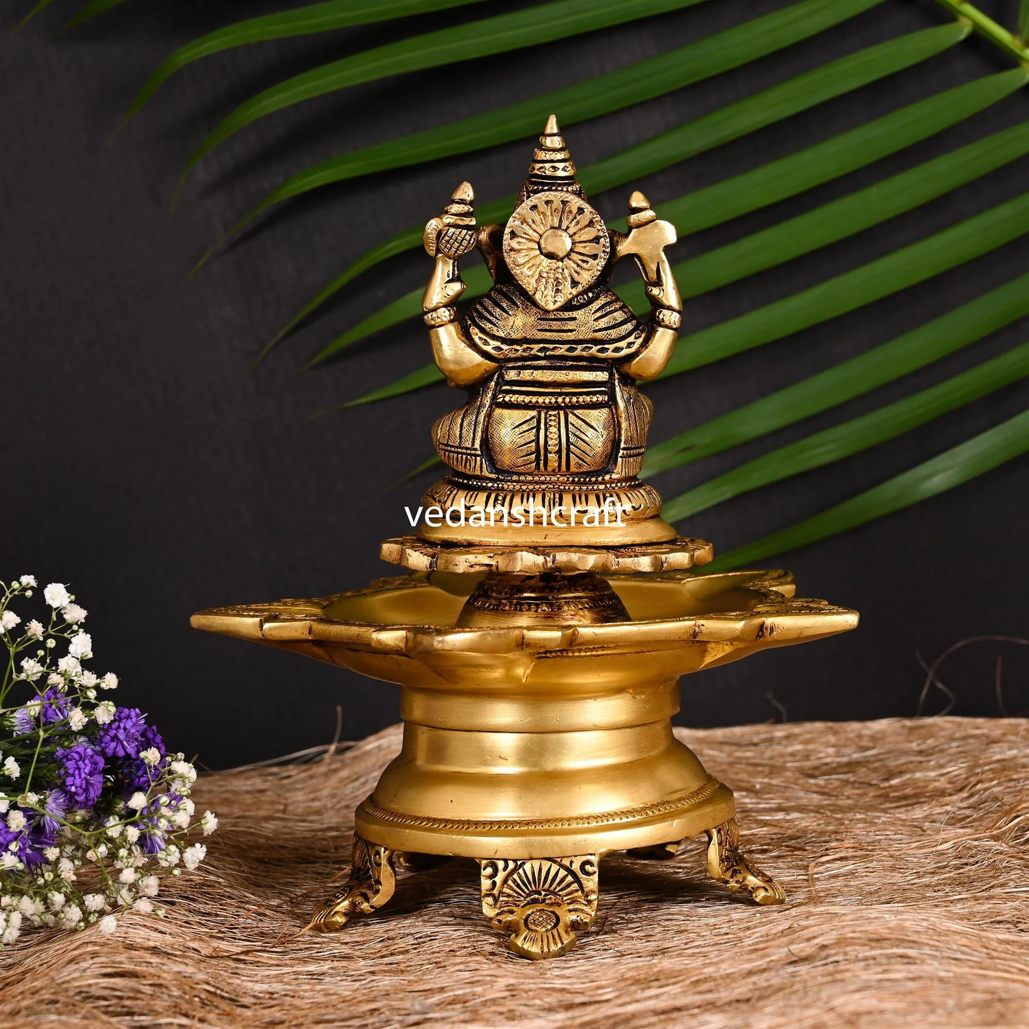 Brass Ganesha Five Petal Diya (9 Inch) - Image 3