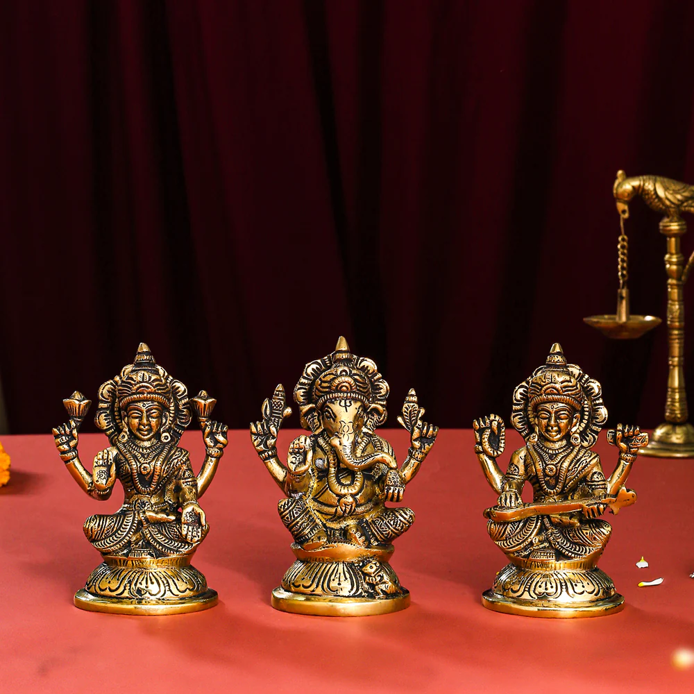 Brass Sitting Ganesha, Lakshmi And Saraswati Idol (4.5 Inch)