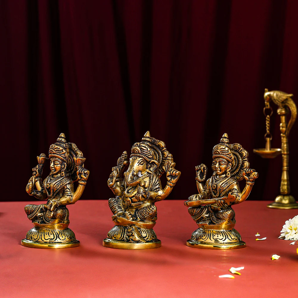 Brass Sitting Ganesha, Lakshmi And Saraswati Idol (4.5 Inch) - Image 2