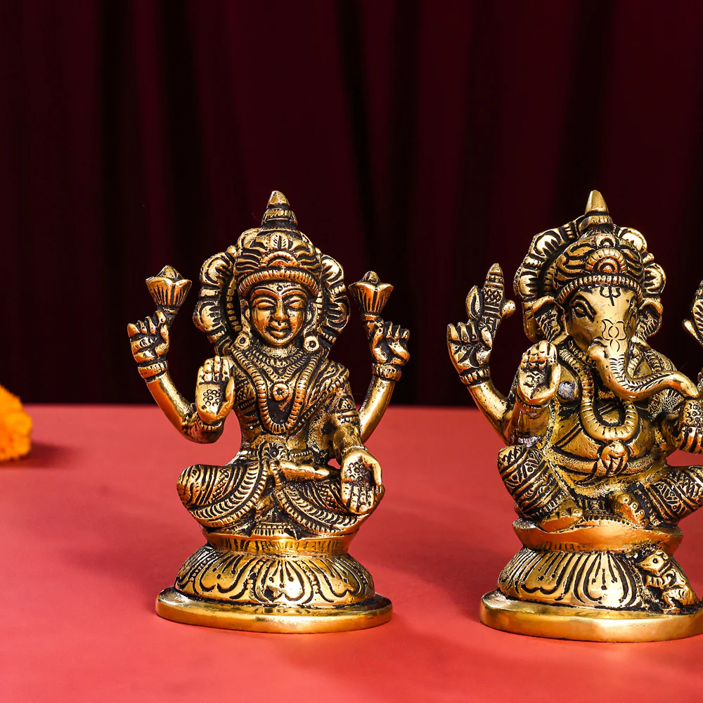 Brass Sitting Ganesha, Lakshmi And Saraswati Idol (4.5 Inch) - Image 5