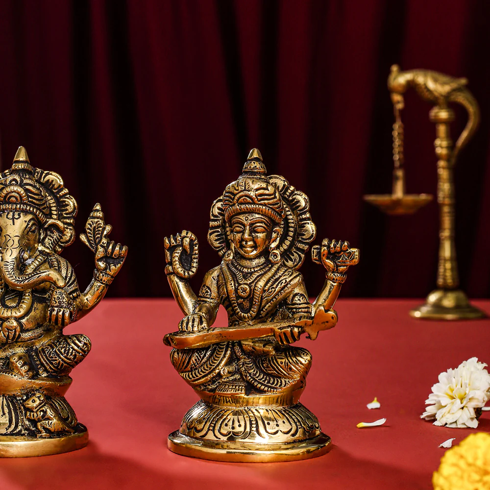 Brass Sitting Ganesha, Lakshmi And Saraswati Idol (4.5 Inch) - Image 6