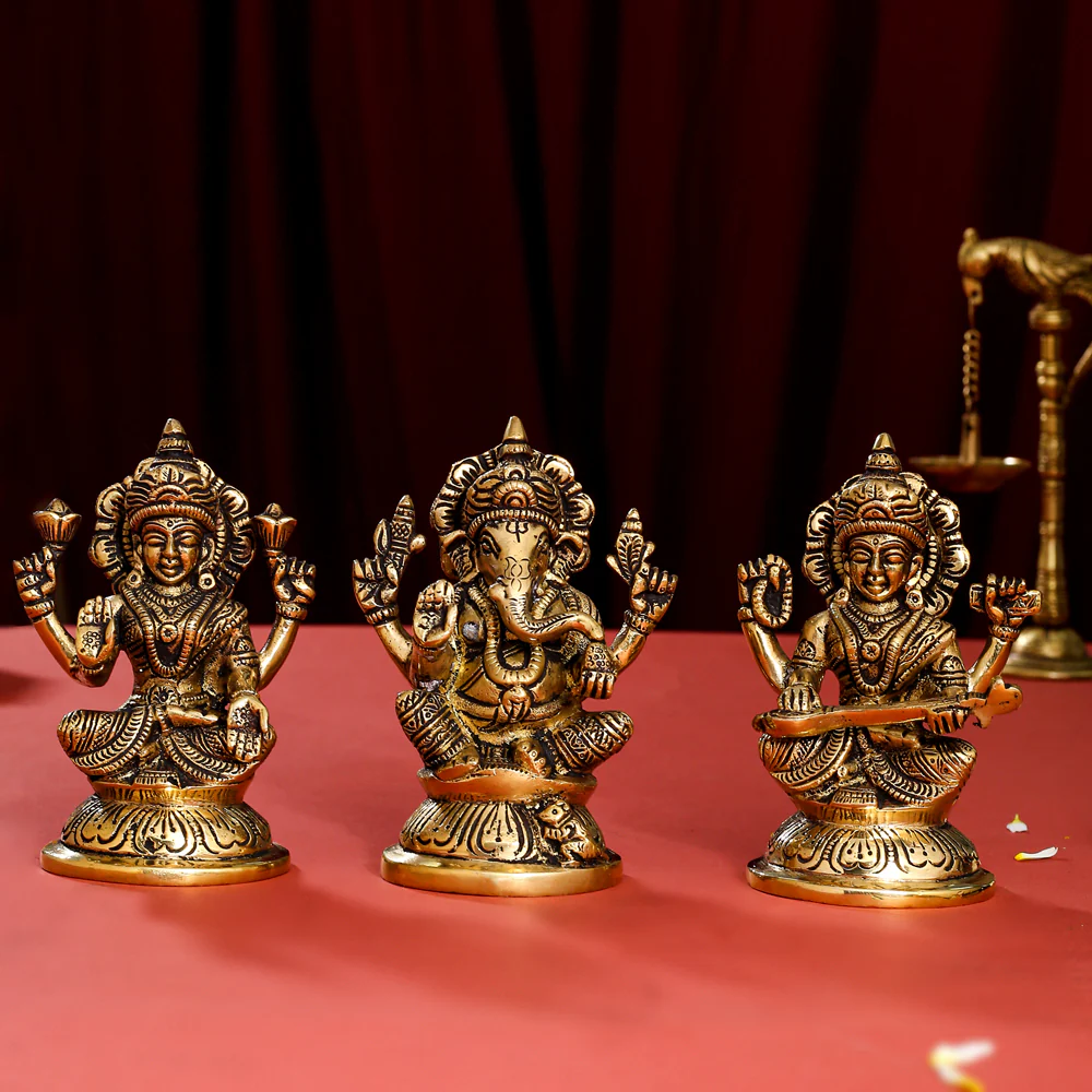Brass Sitting Ganesha, Lakshmi And Saraswati Idol (4.5 Inch) - Image 7