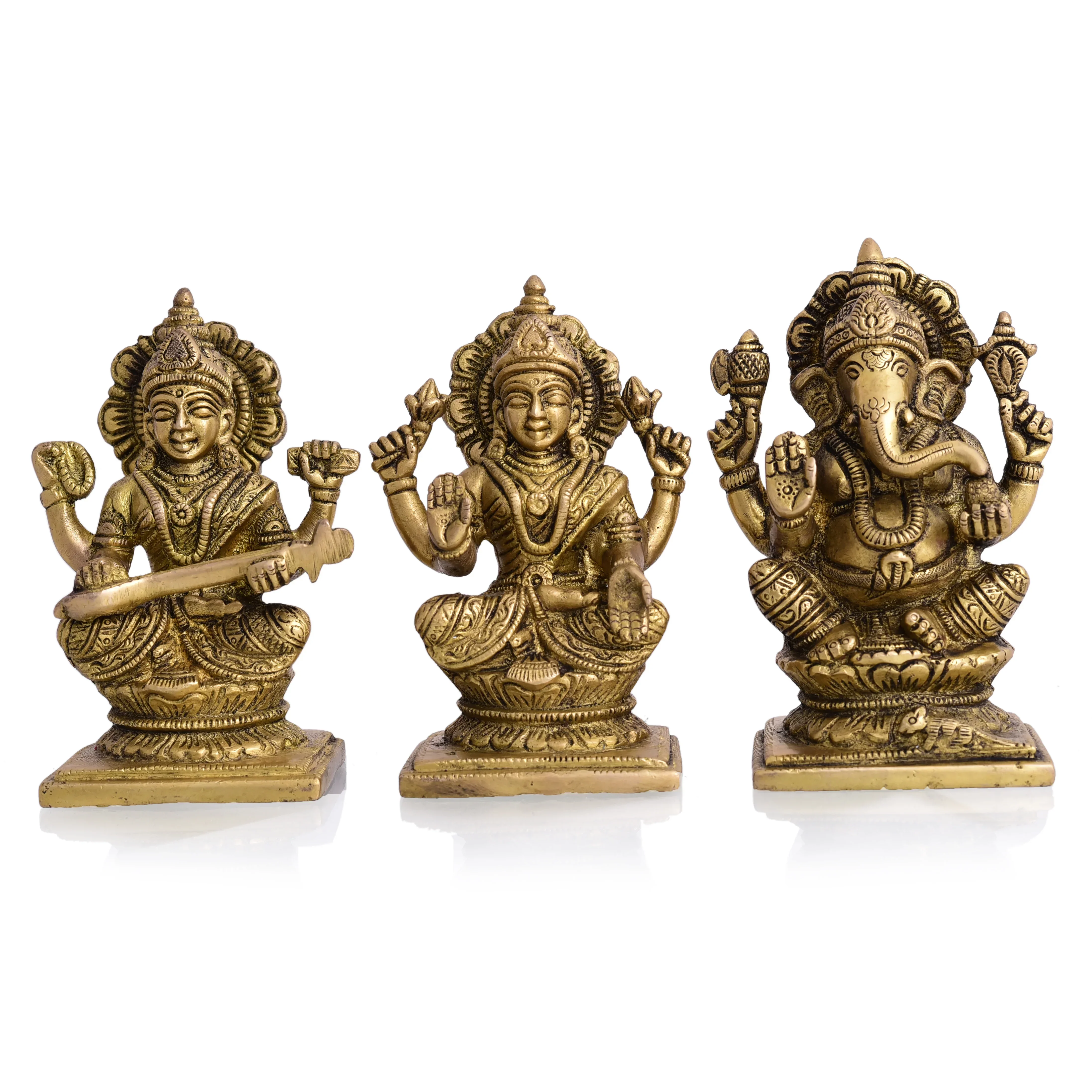 Brass Sitting Ganesha Lakshmi And Saraswati Idols - Image 5