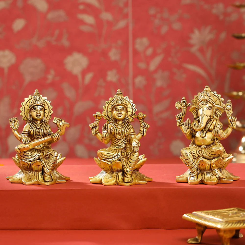 Brass Right Trunk Sitting Ganesha, Lakshmi, And Saraswati On Lotus Set (5.5 Inch)