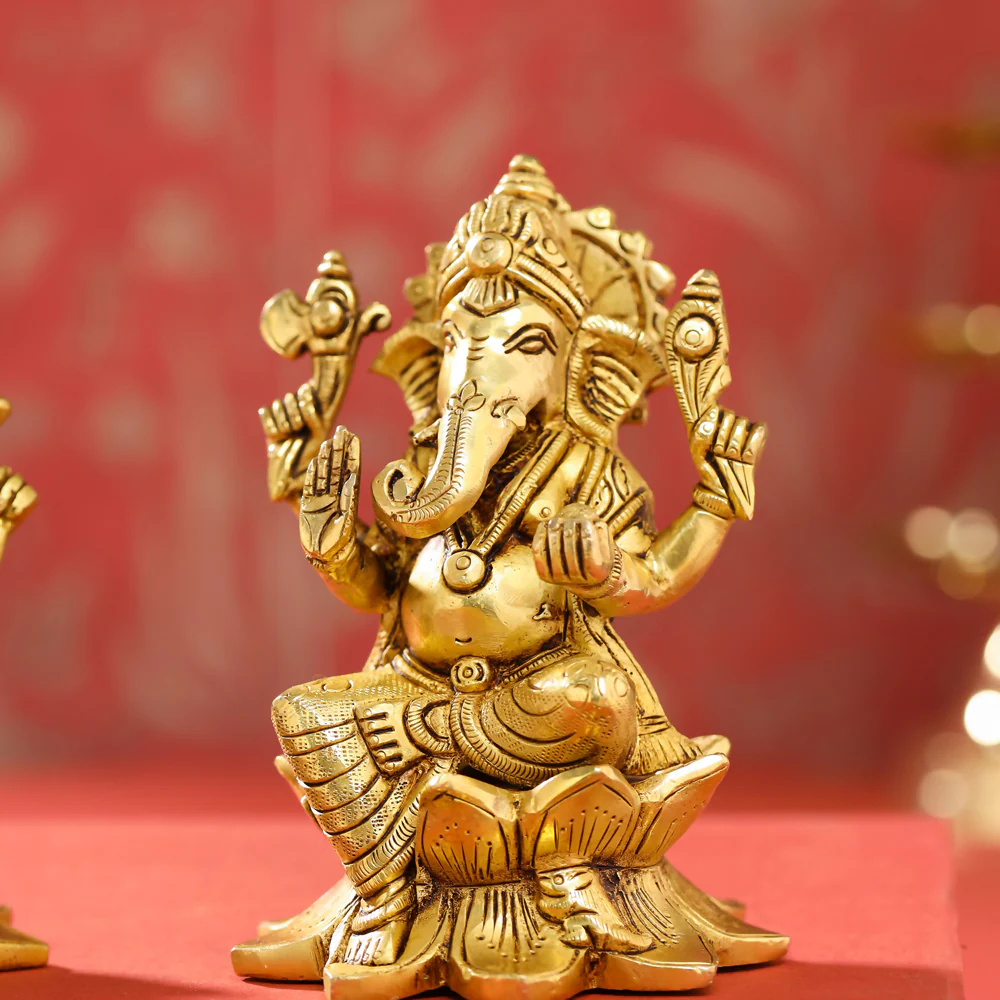 Brass Right Trunk Sitting Ganesha, Lakshmi, And Saraswati On Lotus Set (5.5 Inch) - Image 2