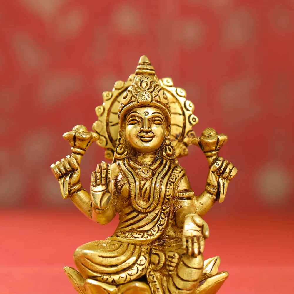 Brass Right Trunk Sitting Ganesha, Lakshmi, And Saraswati On Lotus Set (5.5 Inch) - Image 3