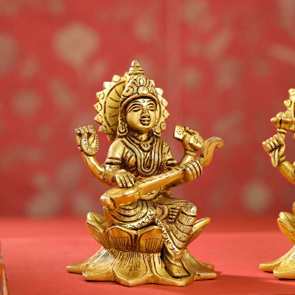 Brass Right Trunk Sitting Ganesha, Lakshmi, And Saraswati On Lotus Set (5.5 Inch) - Image 4
