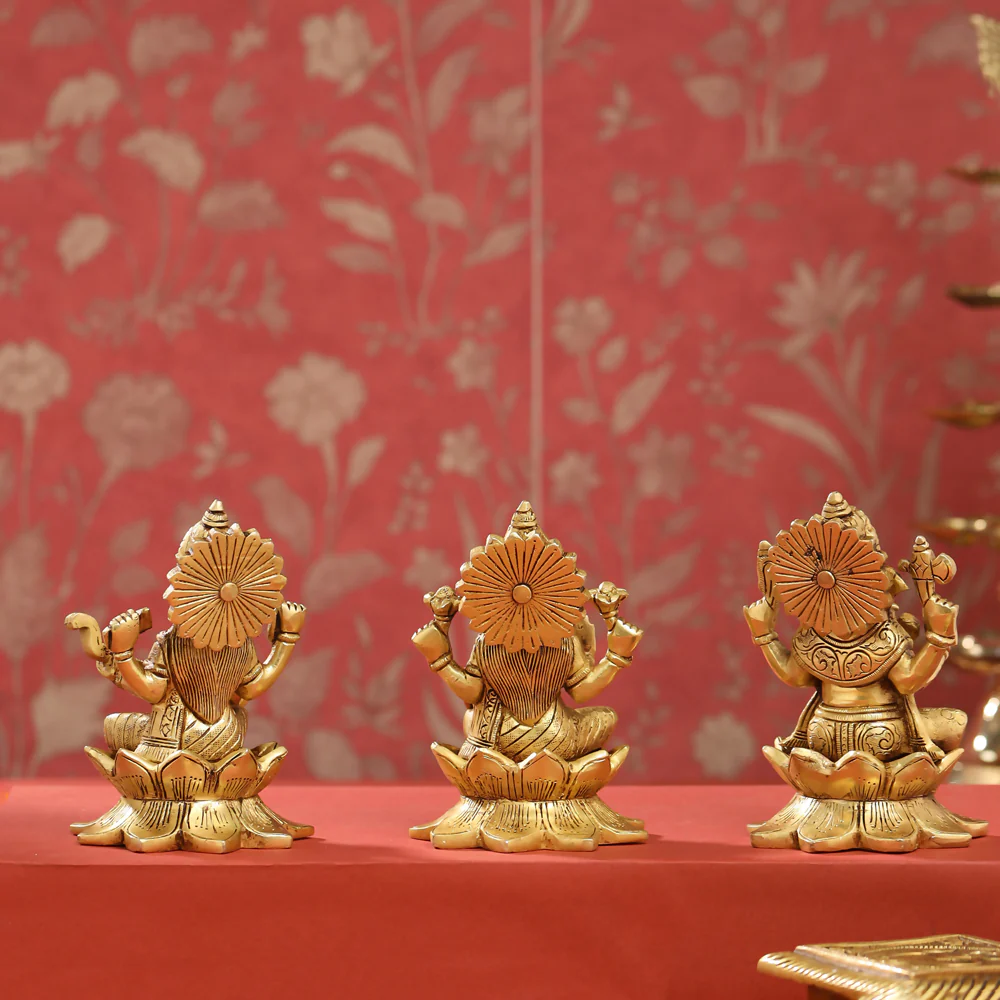Brass Right Trunk Sitting Ganesha, Lakshmi, And Saraswati On Lotus Set (5.5 Inch) - Image 5