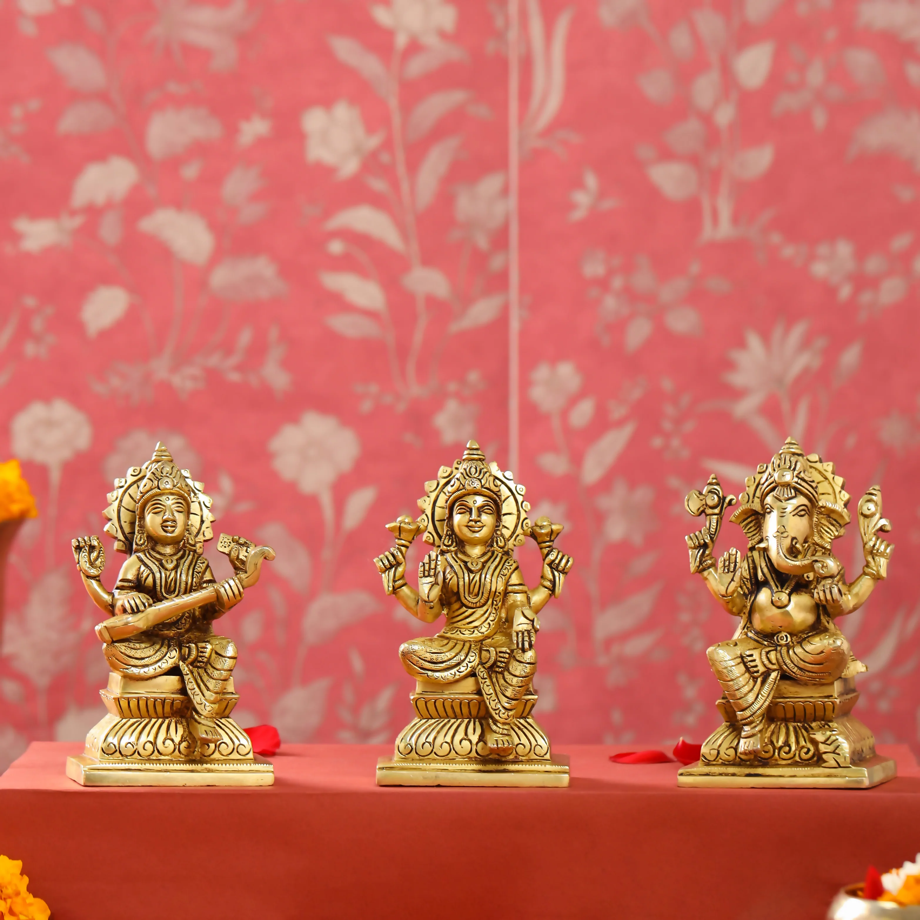 Brass Sitting Ganesha Lakshmi And Saraswati Set (6 Inch)