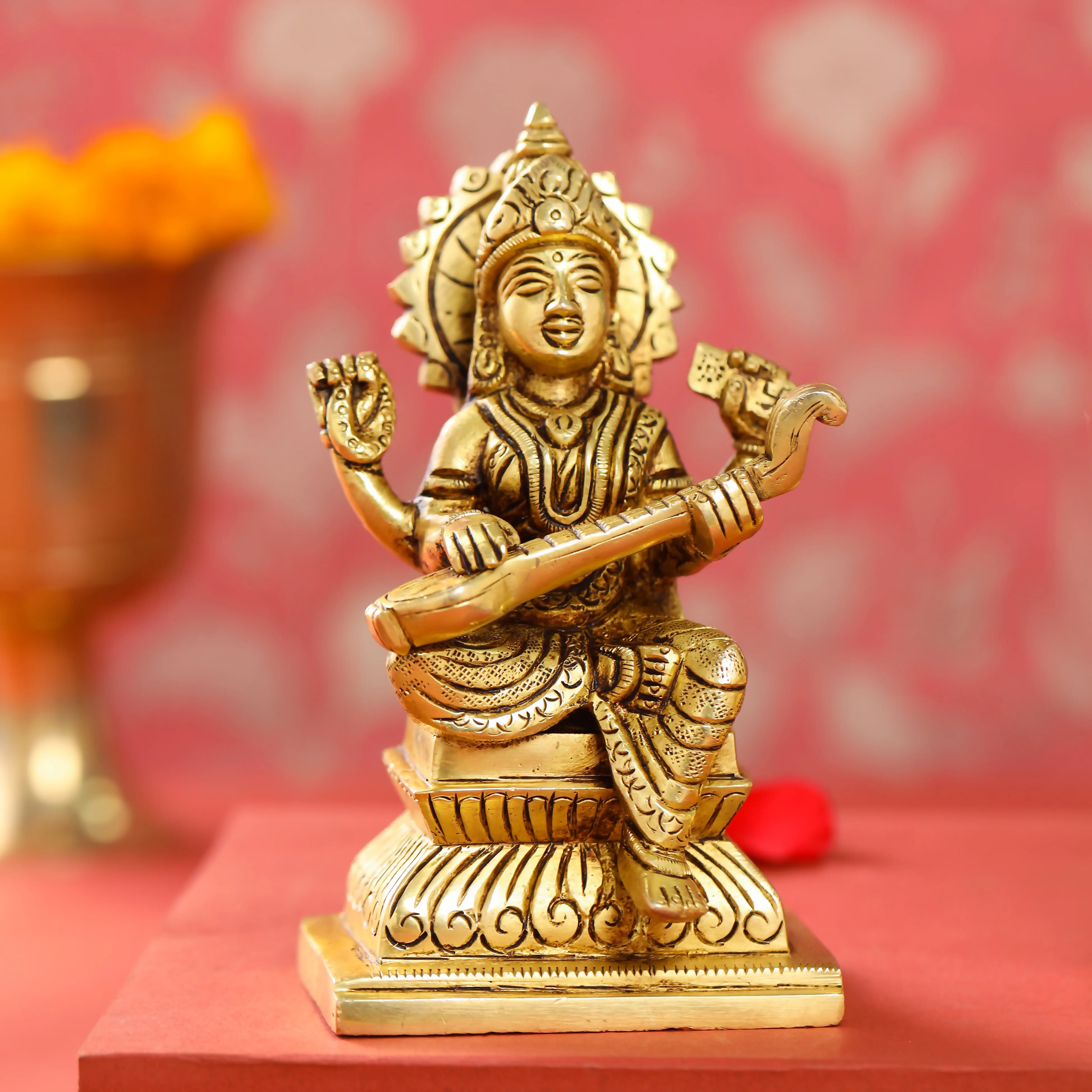 Brass Sitting Ganesha Lakshmi And Saraswati Set (6 Inch) - Image 3