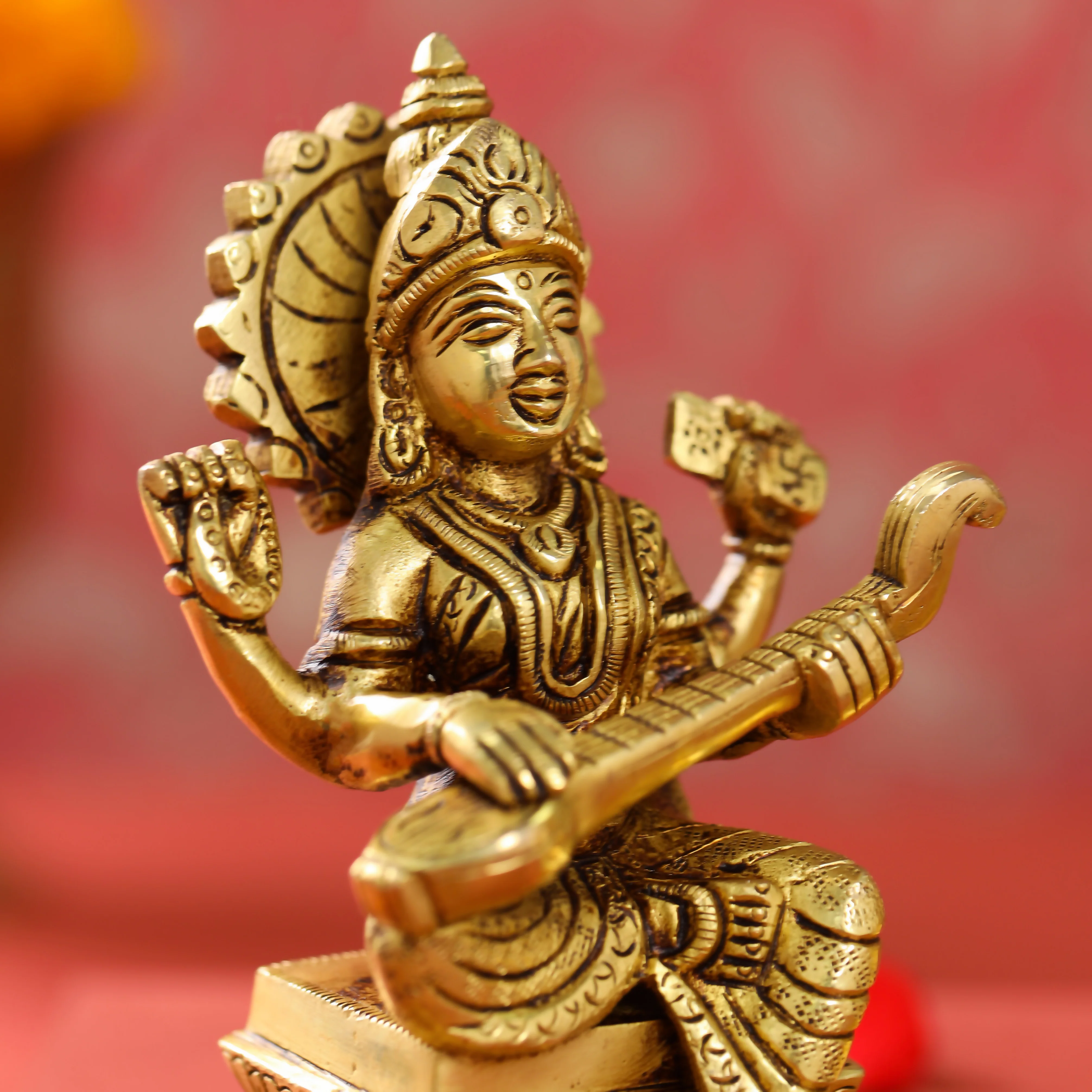 Brass Sitting Ganesha Lakshmi And Saraswati Set (6 Inch) - Image 6
