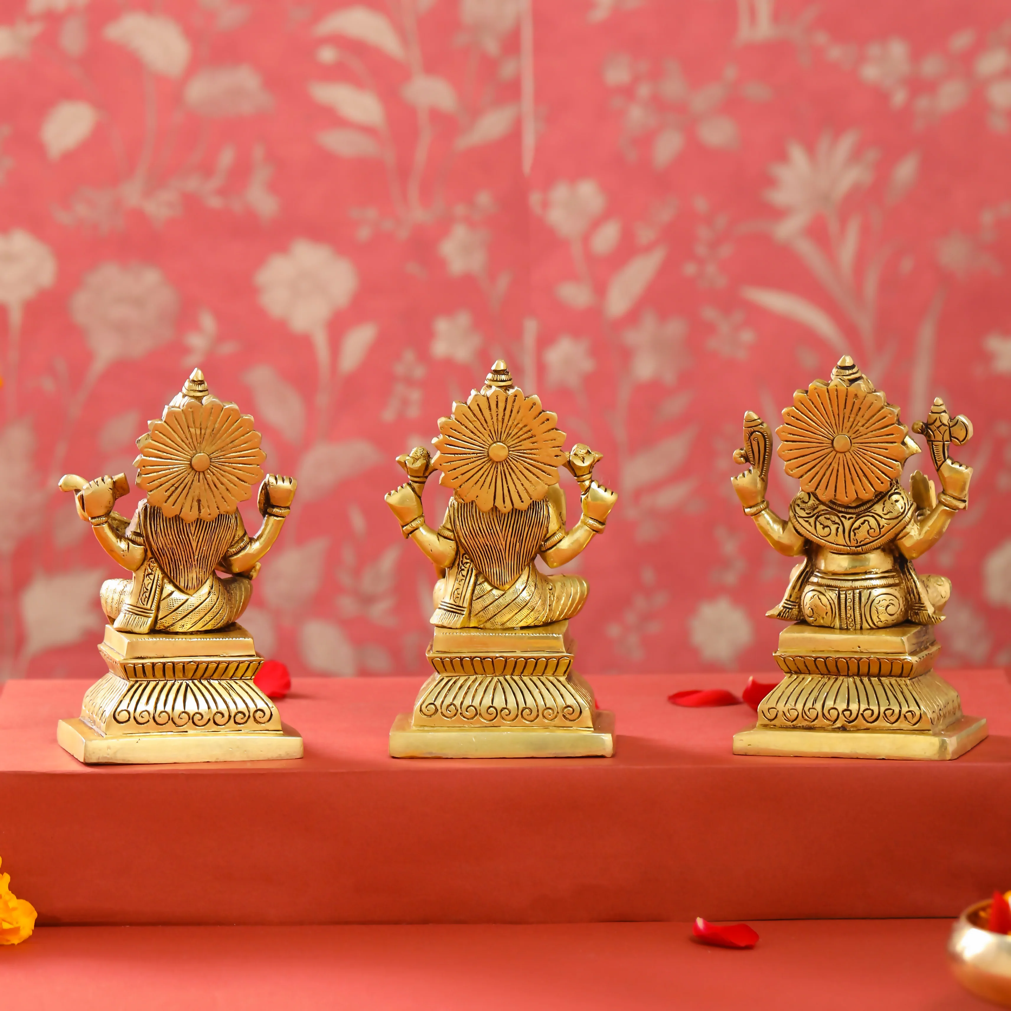 Brass Sitting Ganesha Lakshmi And Saraswati Set (6 Inch) - Image 8