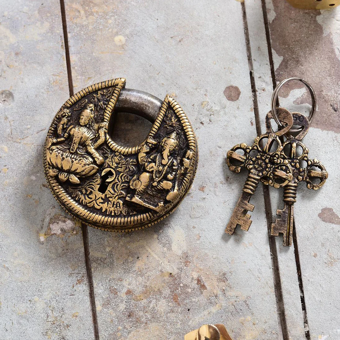 Brass Ganesha Lakshmi Round Door Lock With Three Keys (3 Inch)