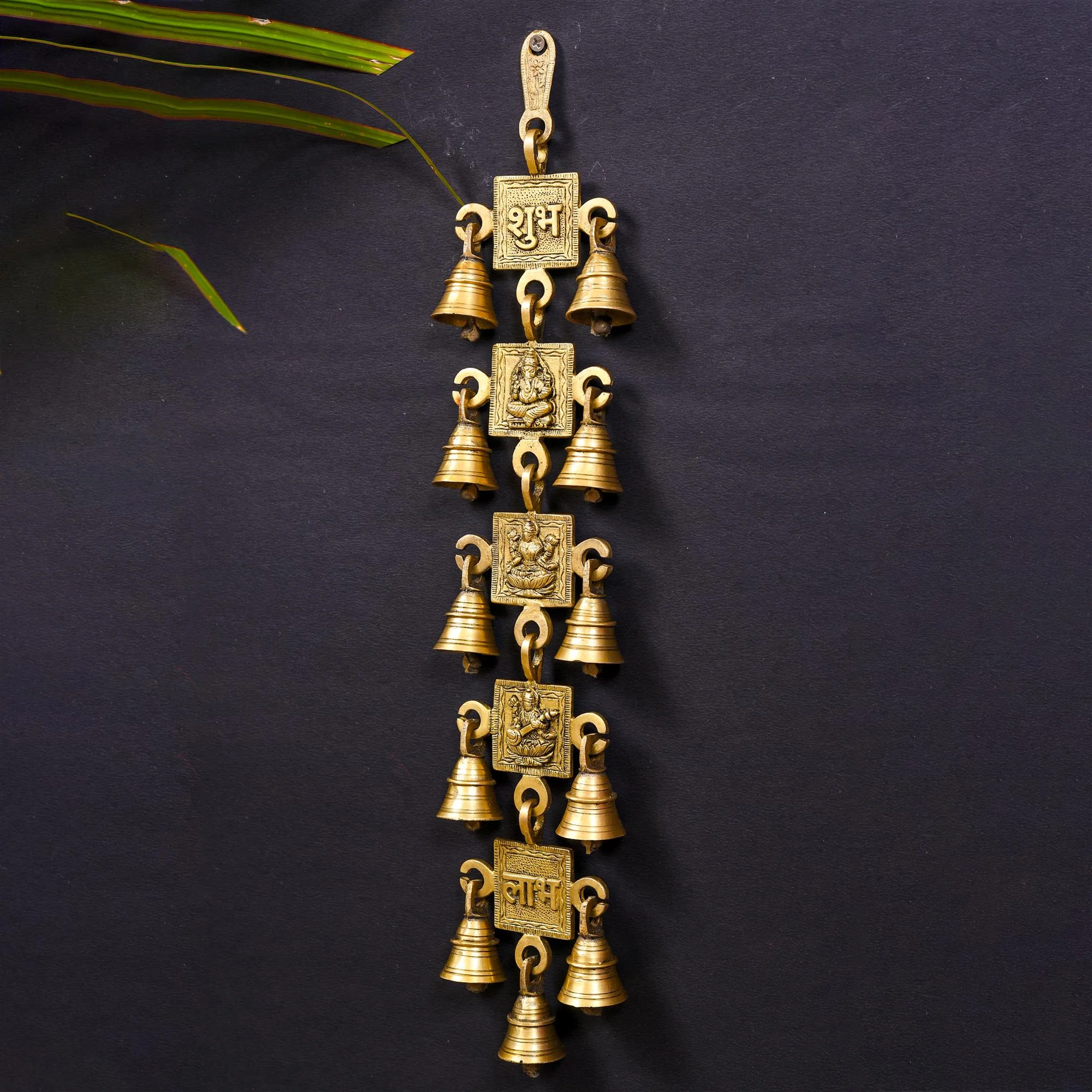 Brass Ganesha Lakshmi Saraswati Shubh And Labh Hanging Bell (19 Inch) - Image 2