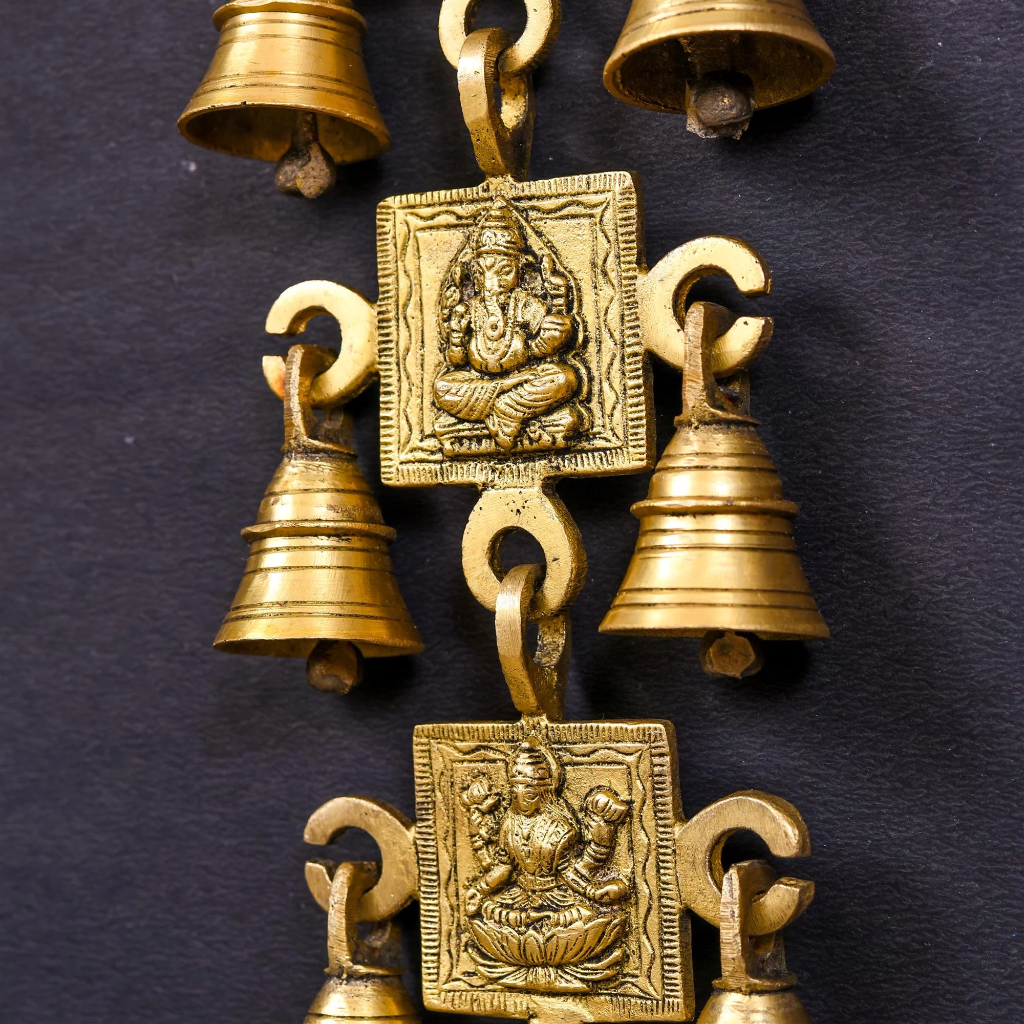 Brass Ganesha Lakshmi Saraswati Shubh And Labh Hanging Bell (19 Inch) - Image 3
