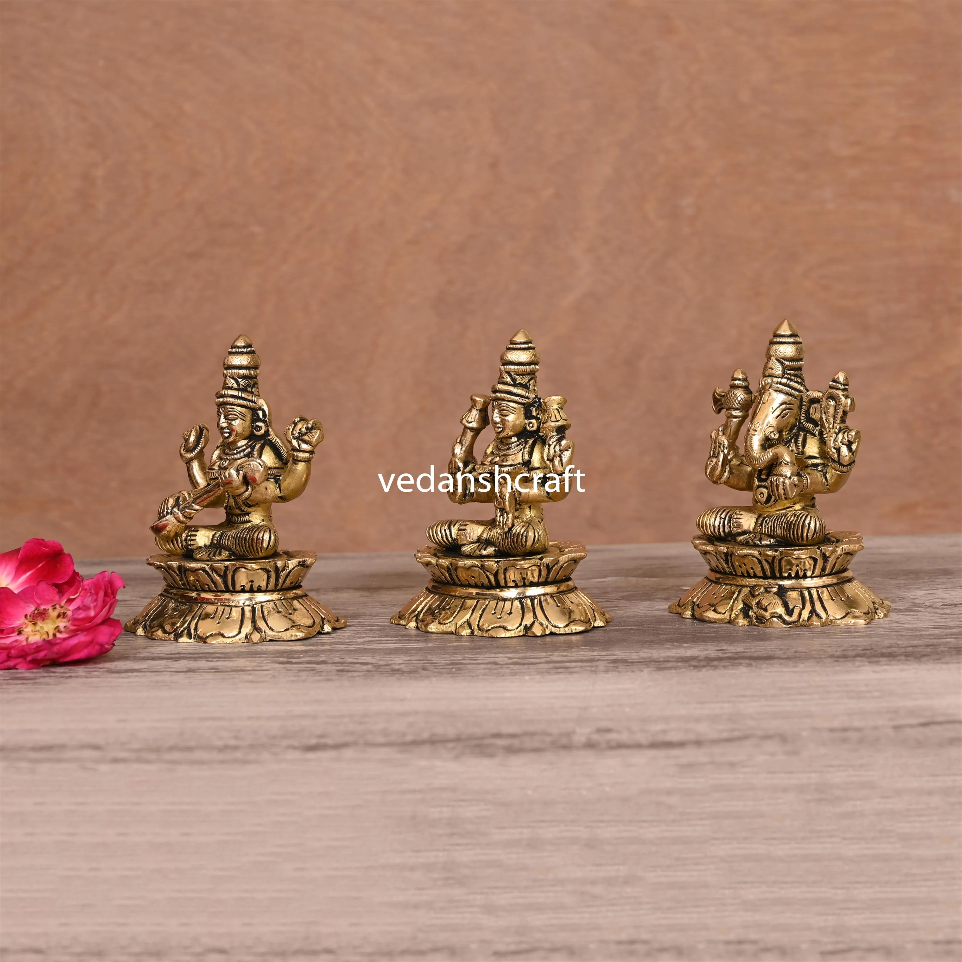 Brass Sitting Ganesha Lakshmi Saraswati On Lotus (3 Inch) - Image 2