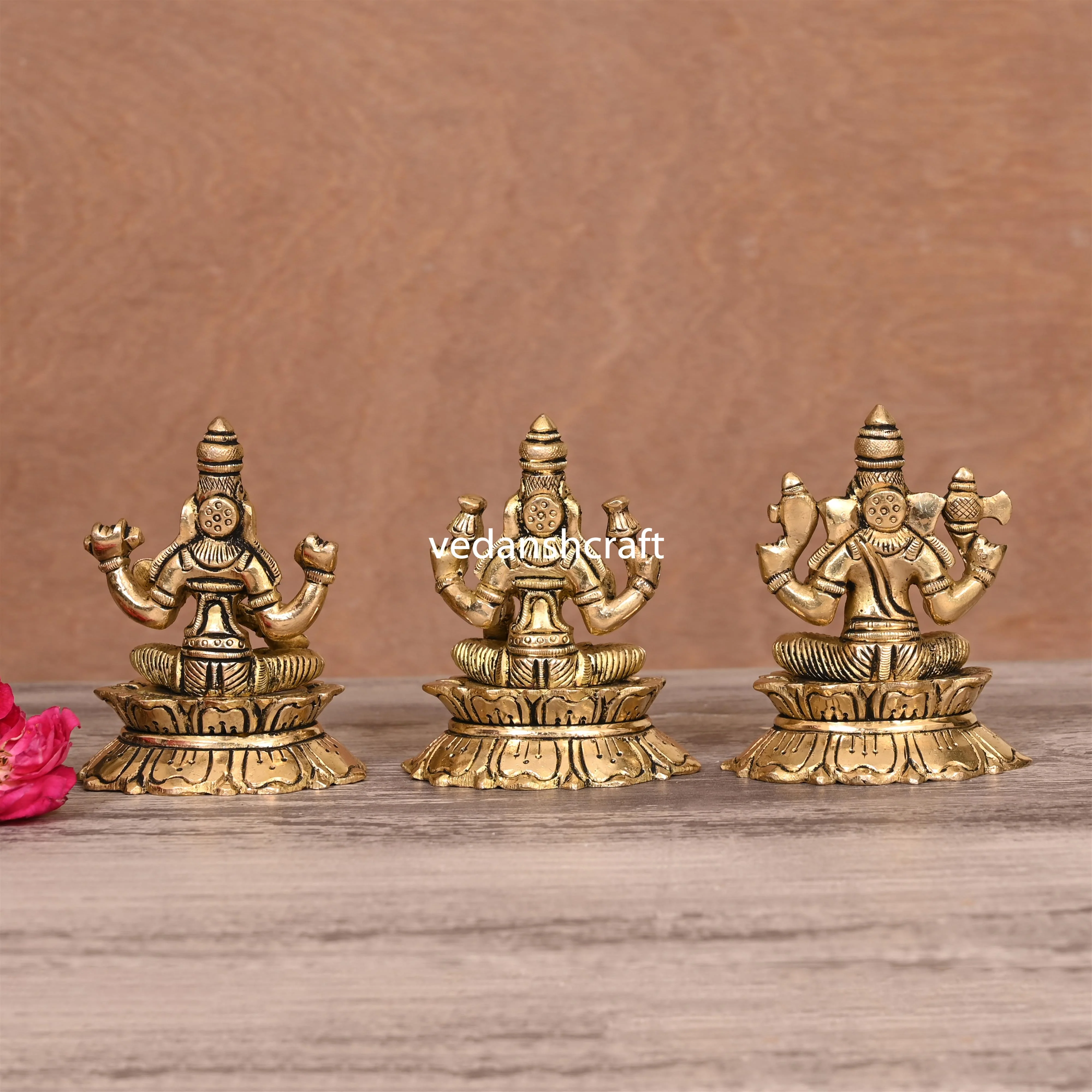 Brass Sitting Ganesha Lakshmi Saraswati On Lotus (3 Inch) - Image 3