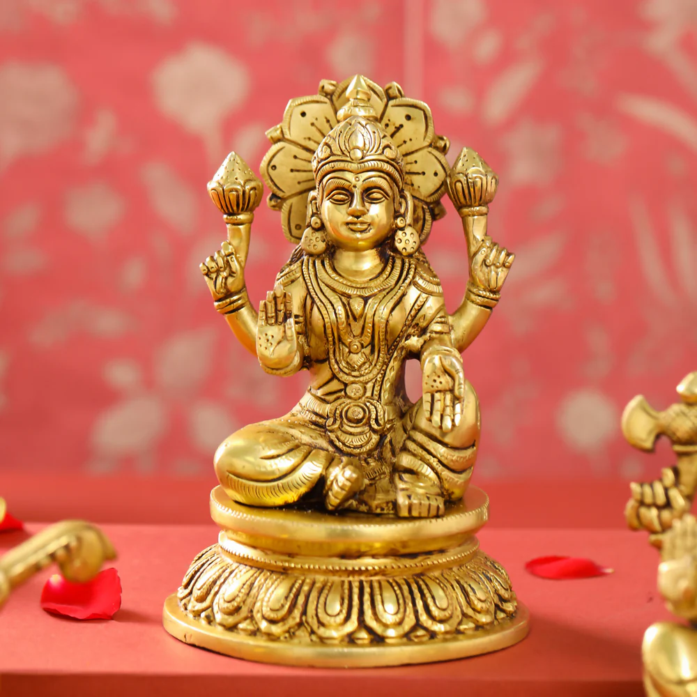 Brass Sitting Ganesha Lakshmi Saraswati set (8 Inch) - Image 3