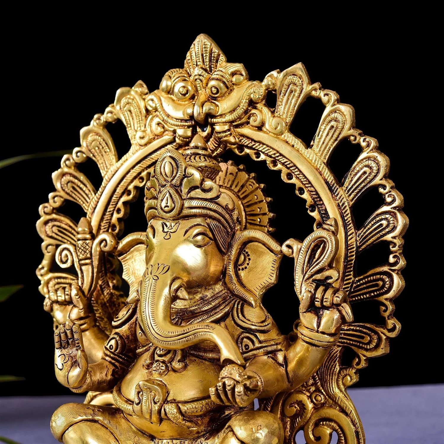 Brass Sitting Ganesha On Prabhavali Singhasan Statue (9 Inch) - Image 3