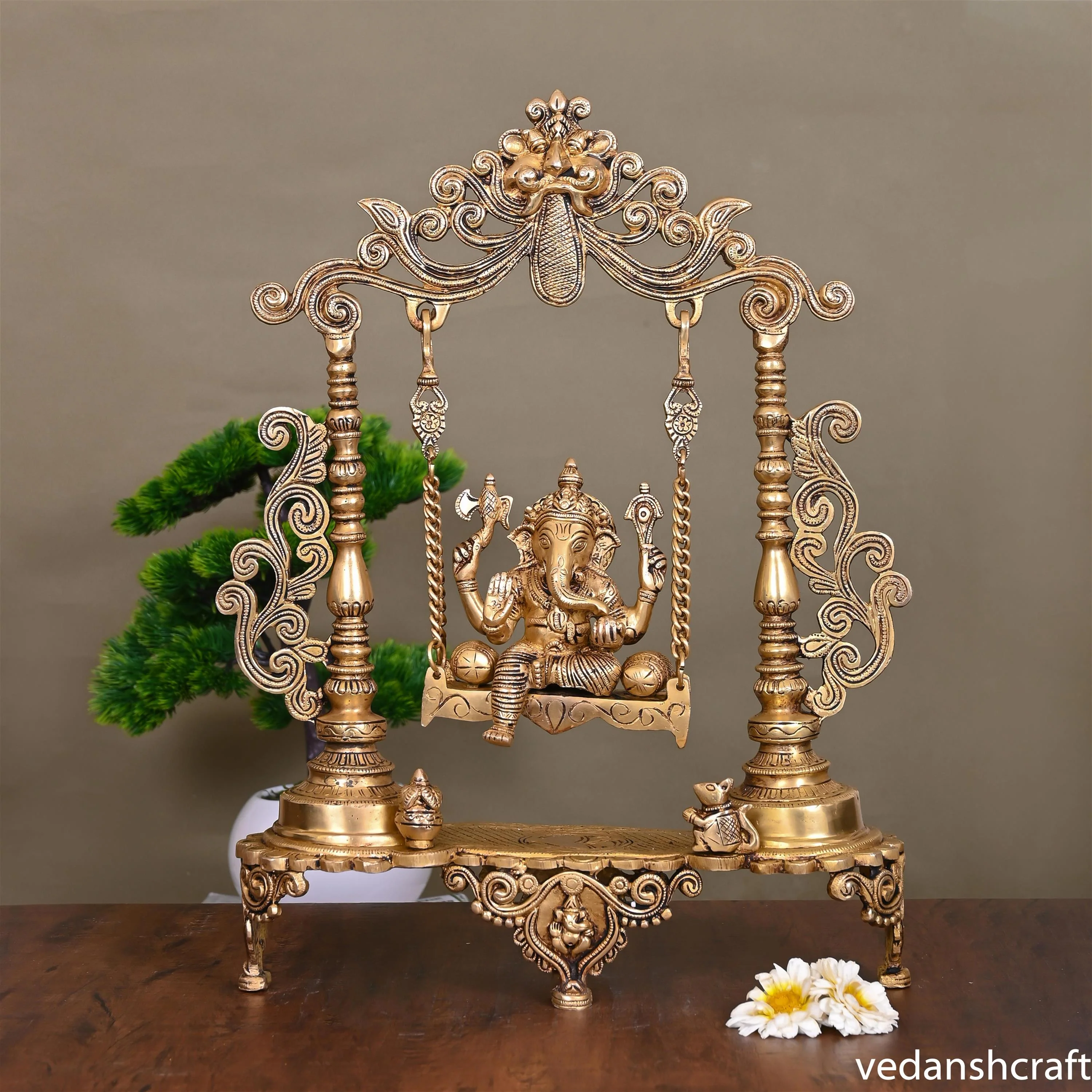 Brass Sitting Ganesha On Swing/Jhula (18.5 Inch)