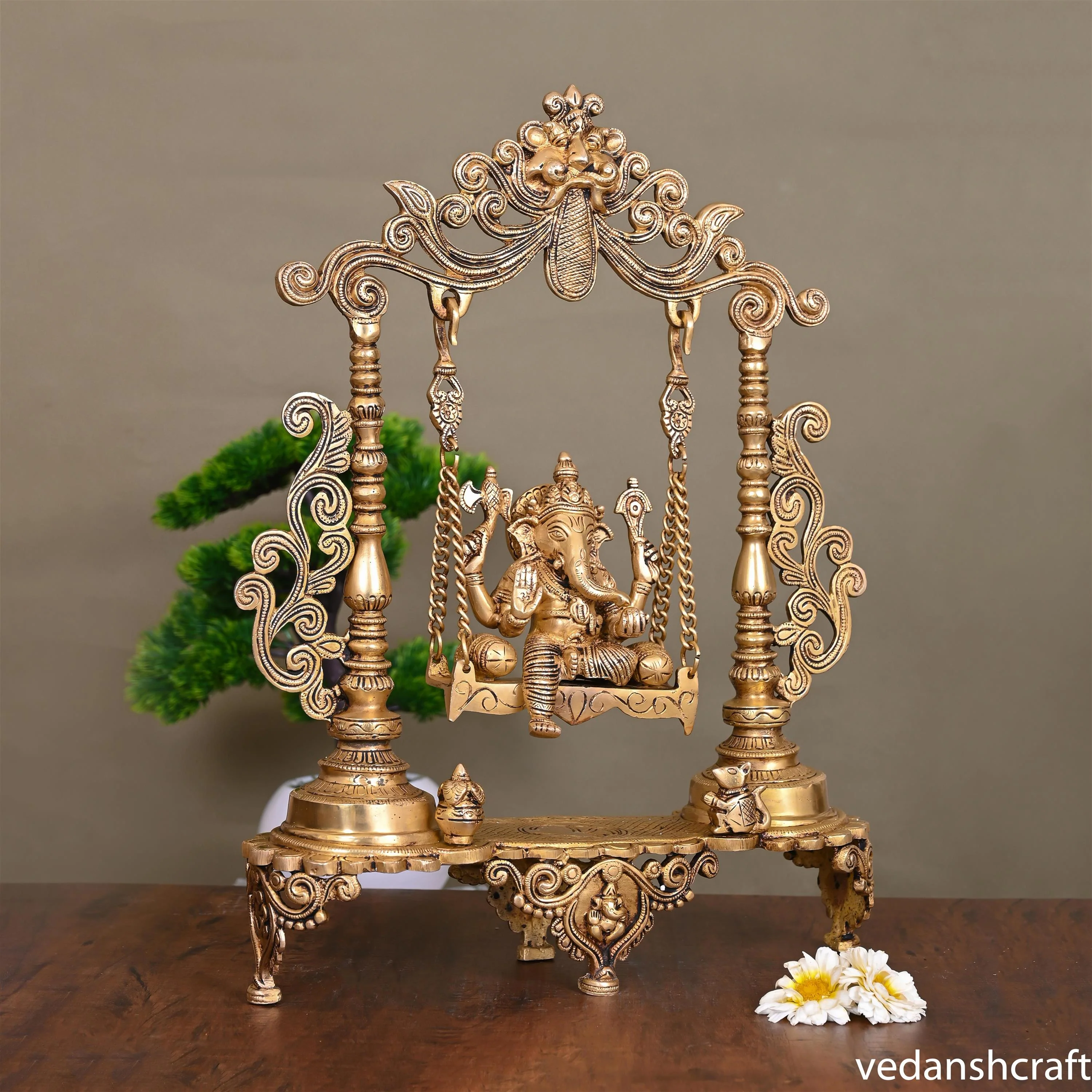 Brass Sitting Ganesha On Swing/Jhula (18.5 Inch) - Image 2