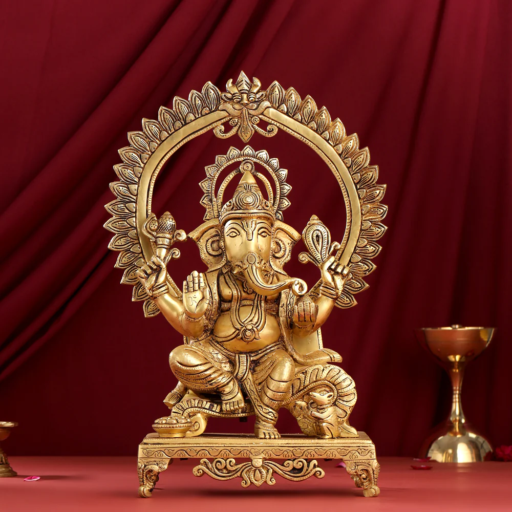 Brass Sitting Ganesha On Throne Idol (17 Inch)