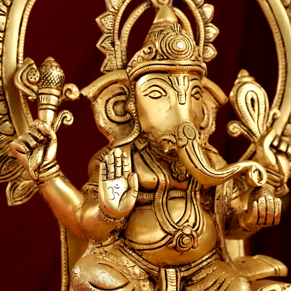 Brass Sitting Ganesha On Throne Idol (17 Inch) - Image 5