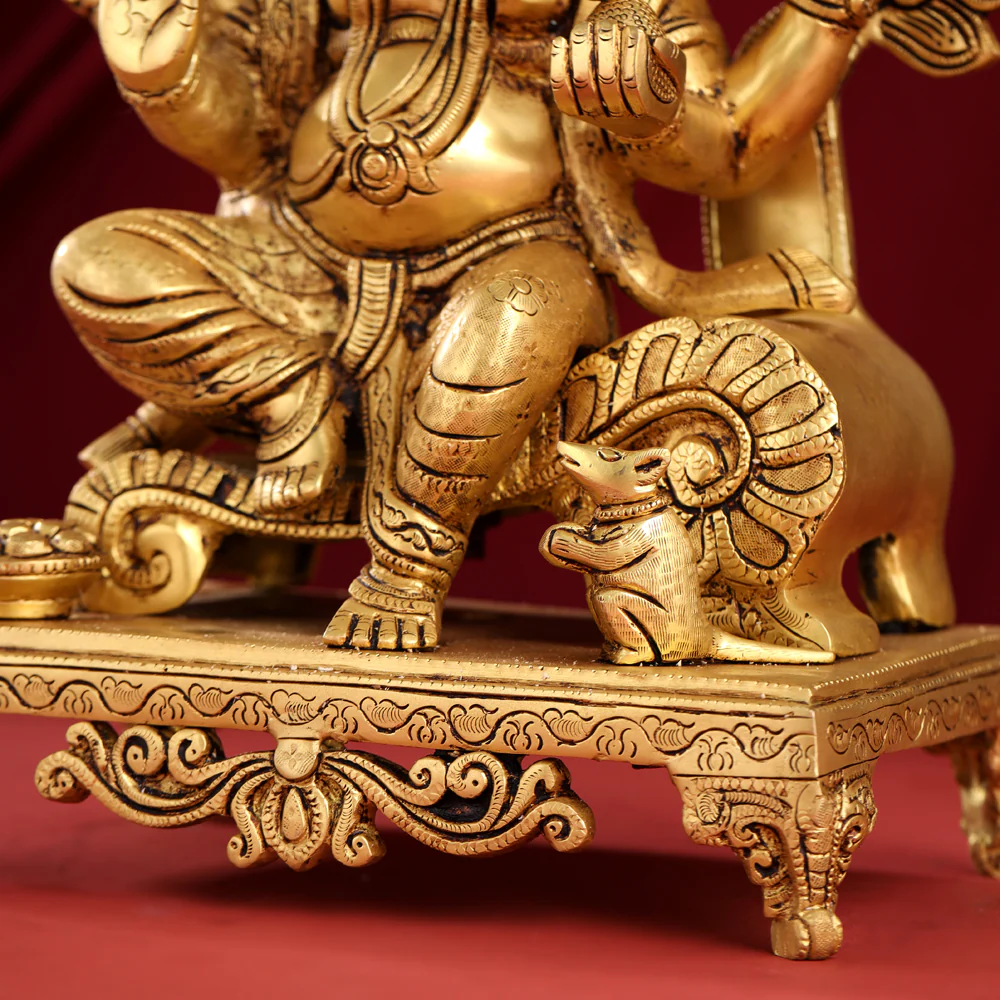Brass Sitting Ganesha On Throne Idol (17 Inch) - Image 7