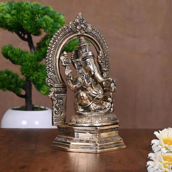 Brass Sitting Ganesha On Throne Idol (9.5 Inch) - Image 2
