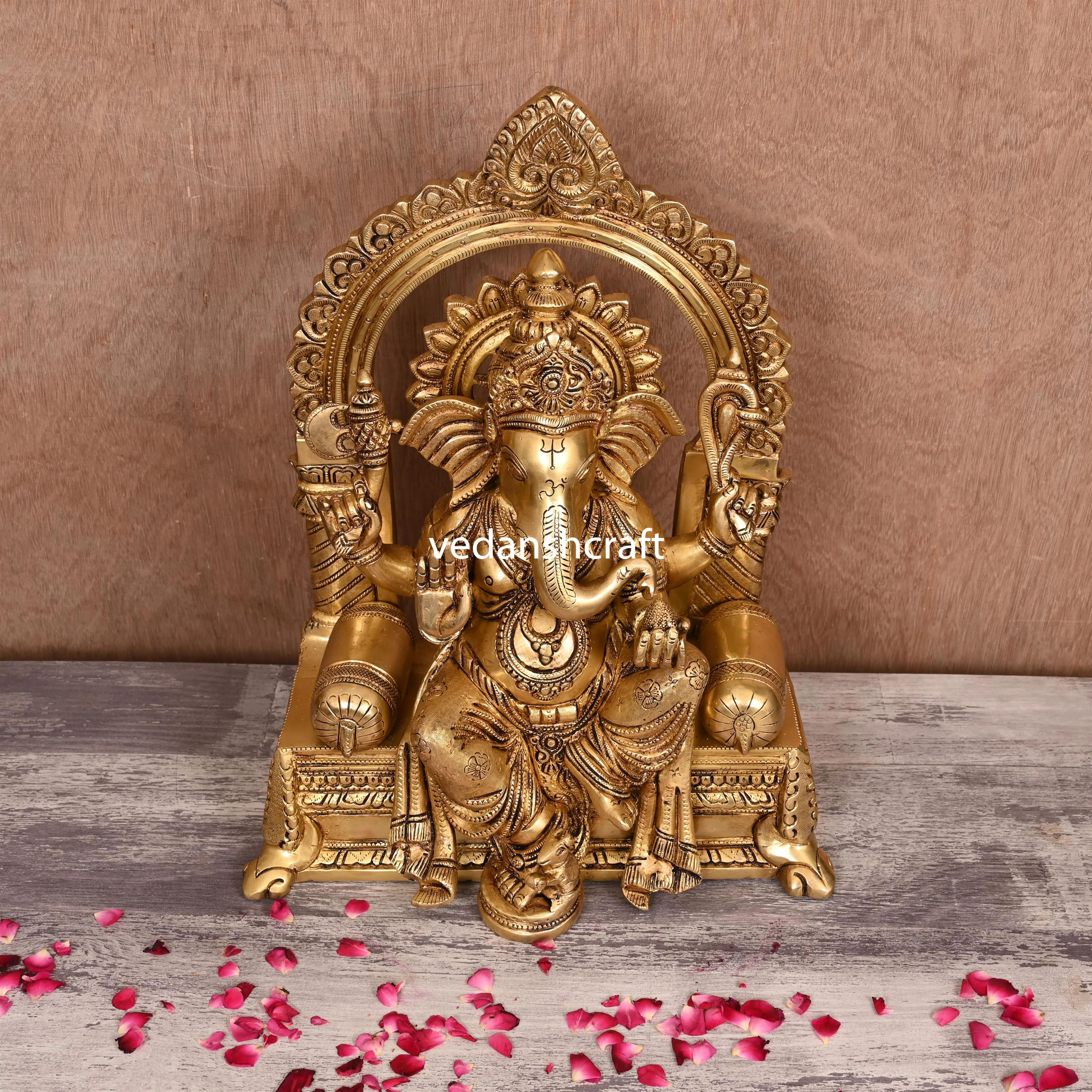 Brass Sitting Ganesha On Throne (Singhasan) Idol (16.5") - Image 2