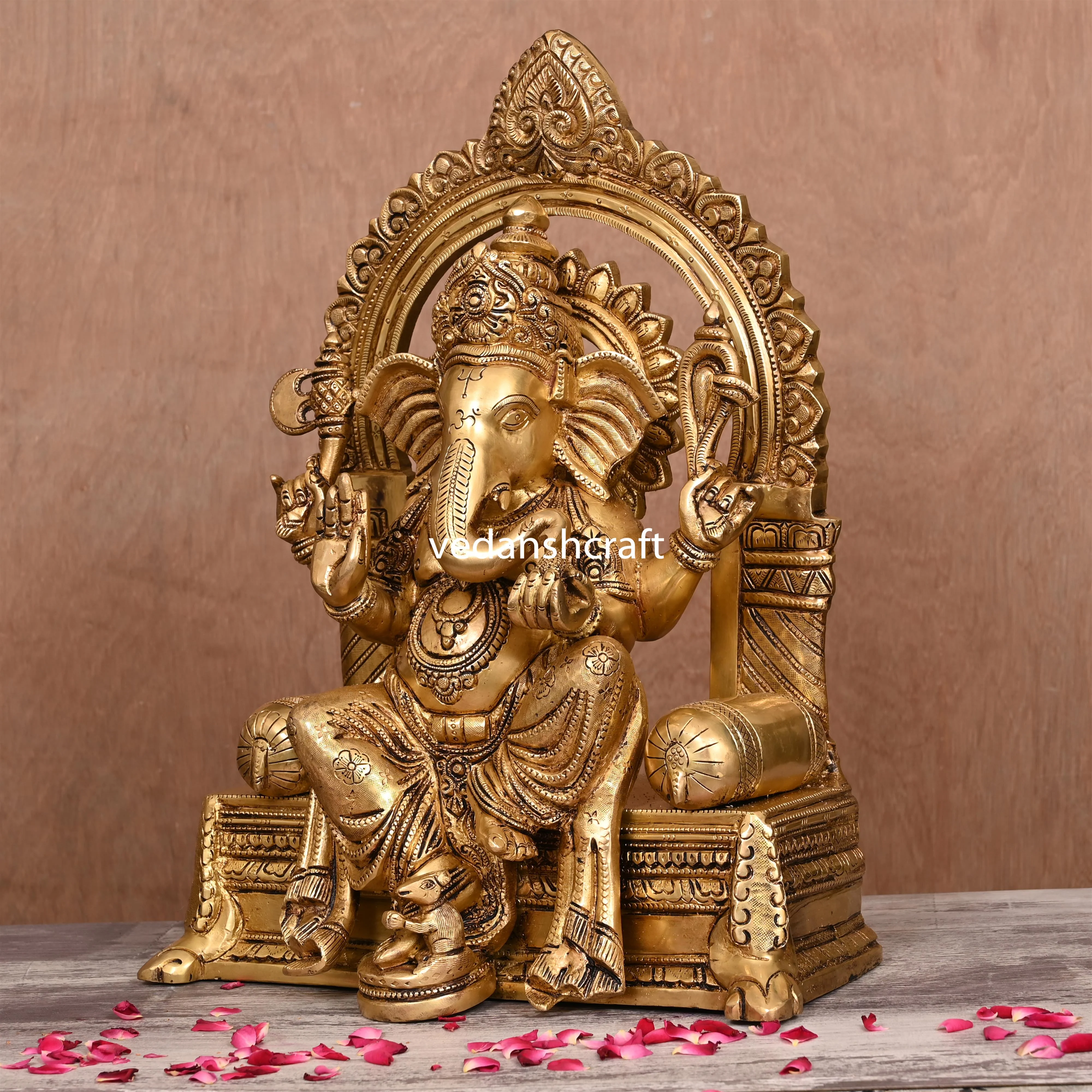 Brass Sitting Ganesha On Throne (Singhasan) Idol (16.5") - Image 3