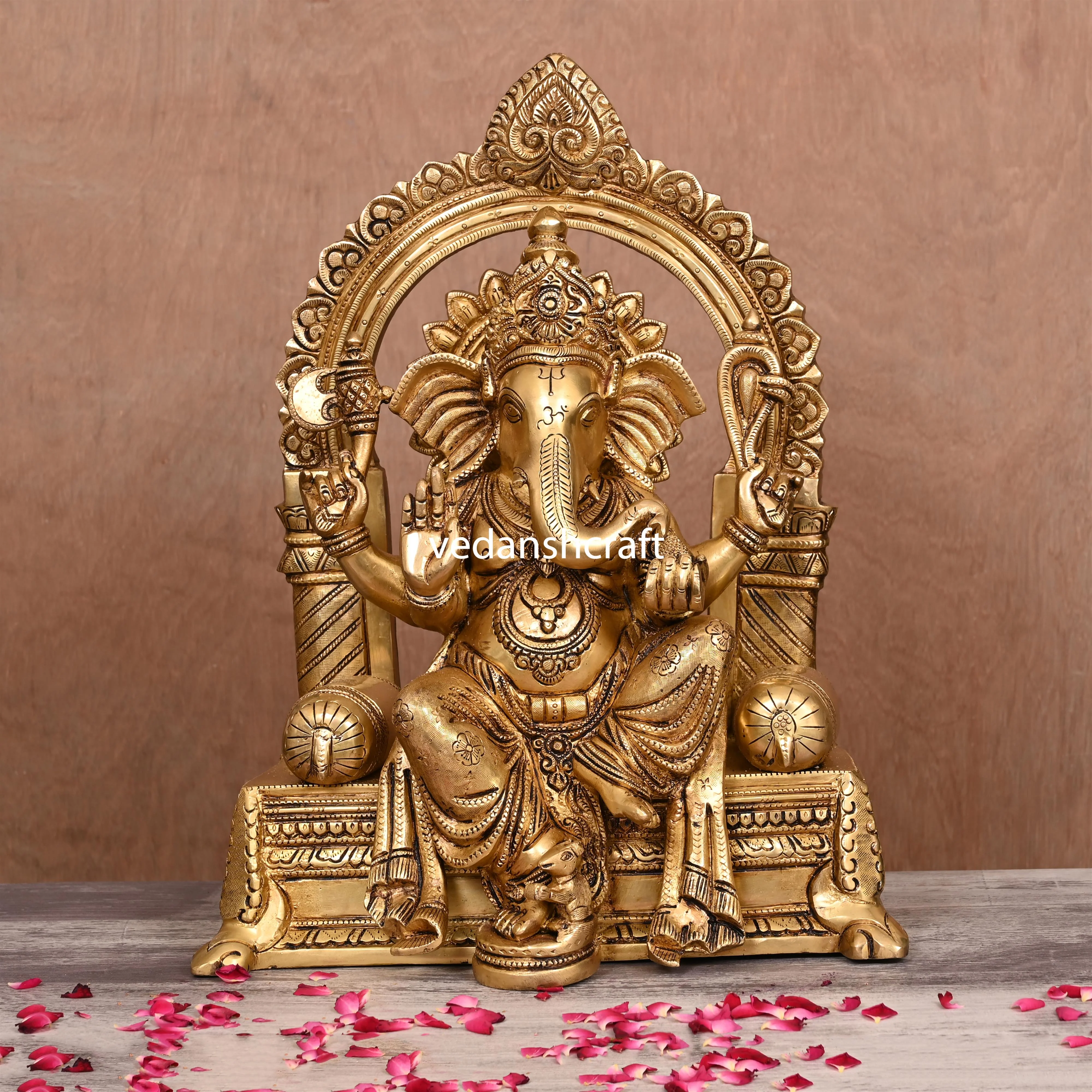 Brass Sitting Ganesha On Throne (Singhasan) Idol (16.5") - Image 4