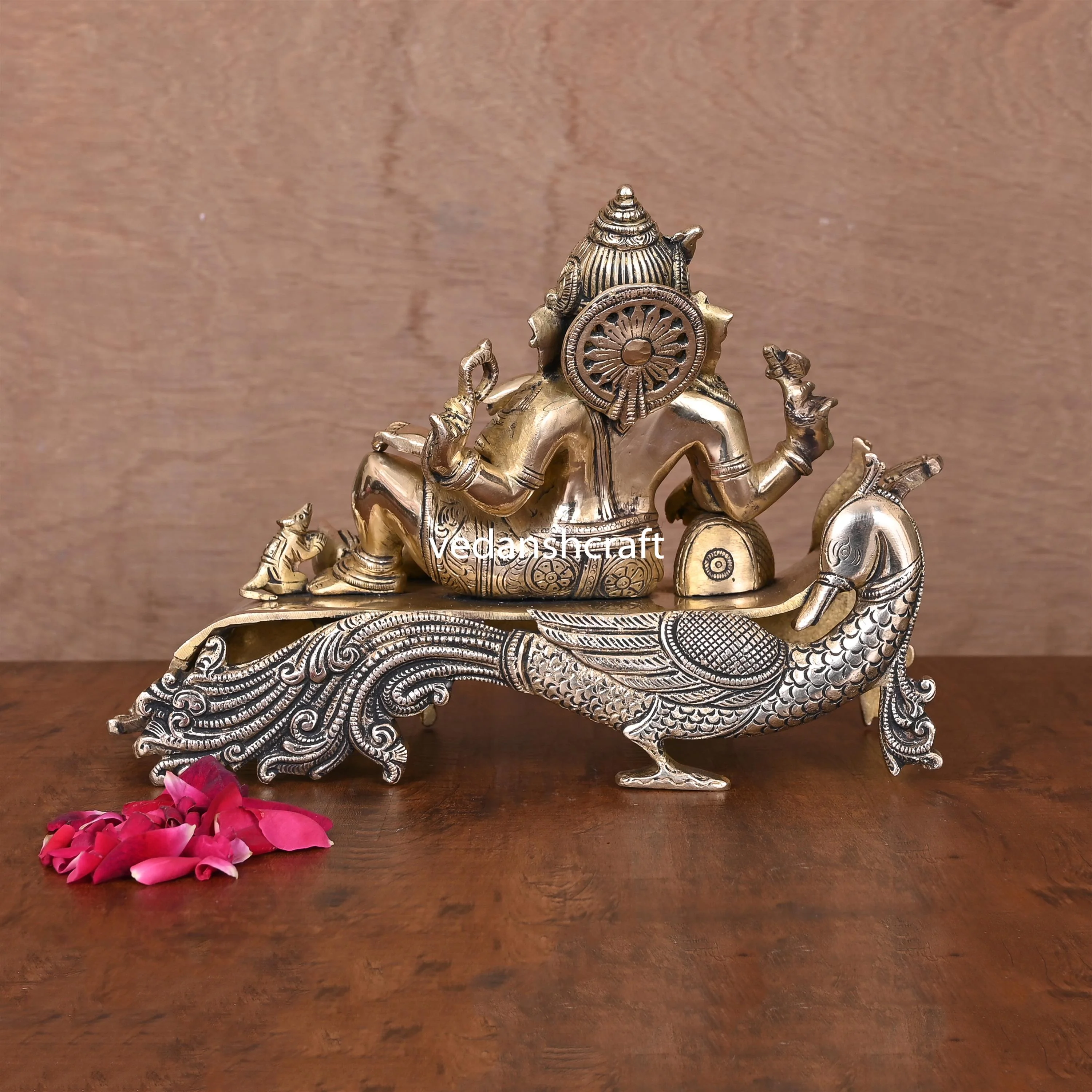 Brass Ganesha Resting On Peacock Couch (7.7 Inch) - Image 4