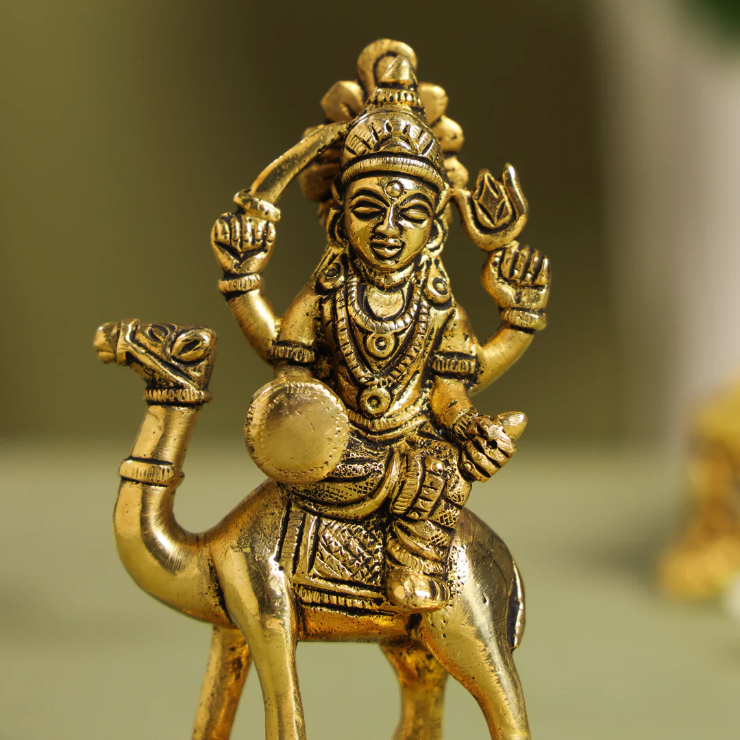 Brass Goddess Dasama Seated On Camel Idol (4.8 Inch) - Image 4