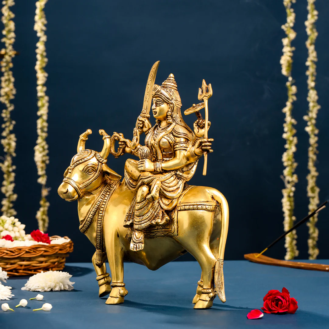 Brass Goddess Durga Sitting On Nandi Statue (13 Inch) - Image 3