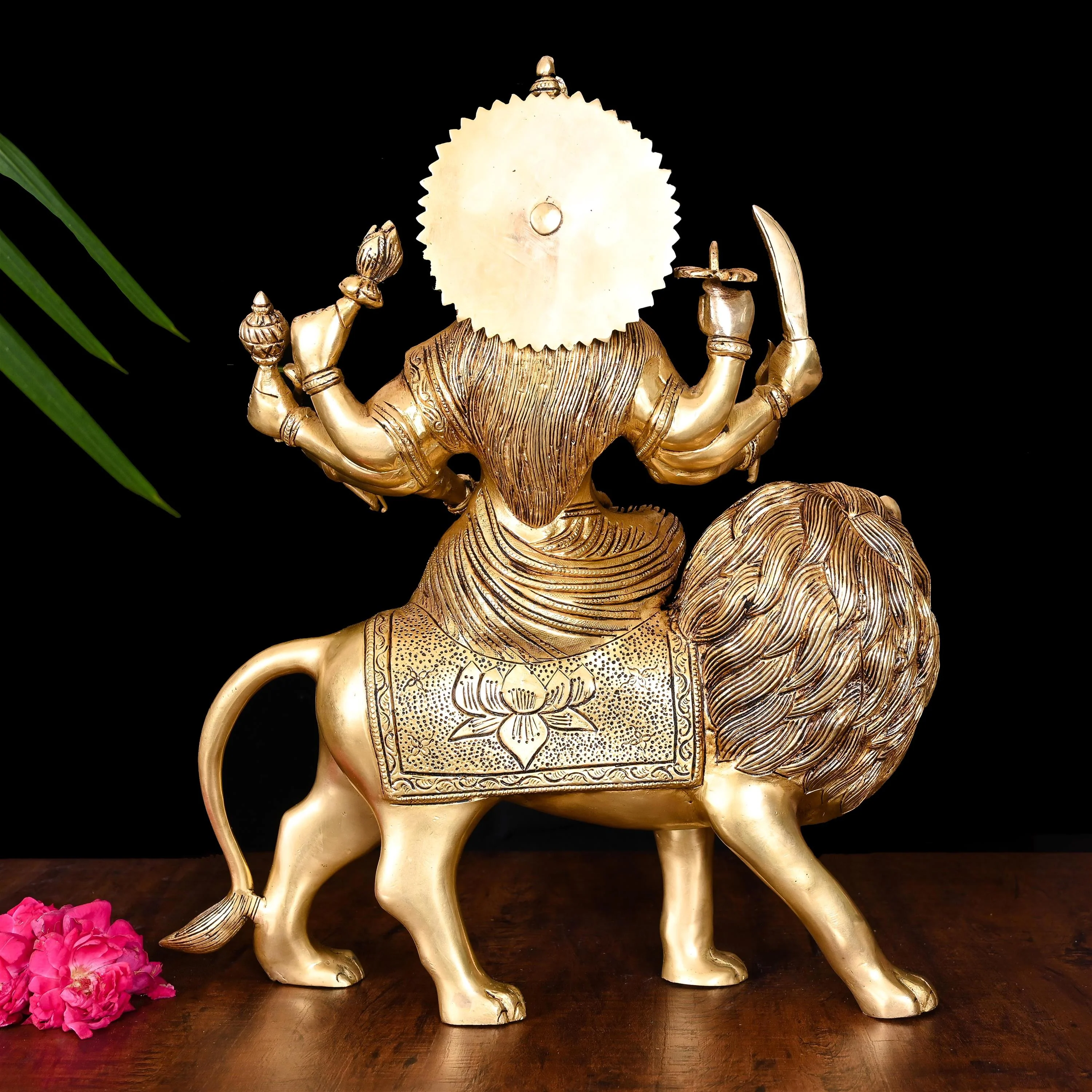 Brass Goddess Durga Sitting on Lion Superfine Idol (16.5 Inch) - Image 3