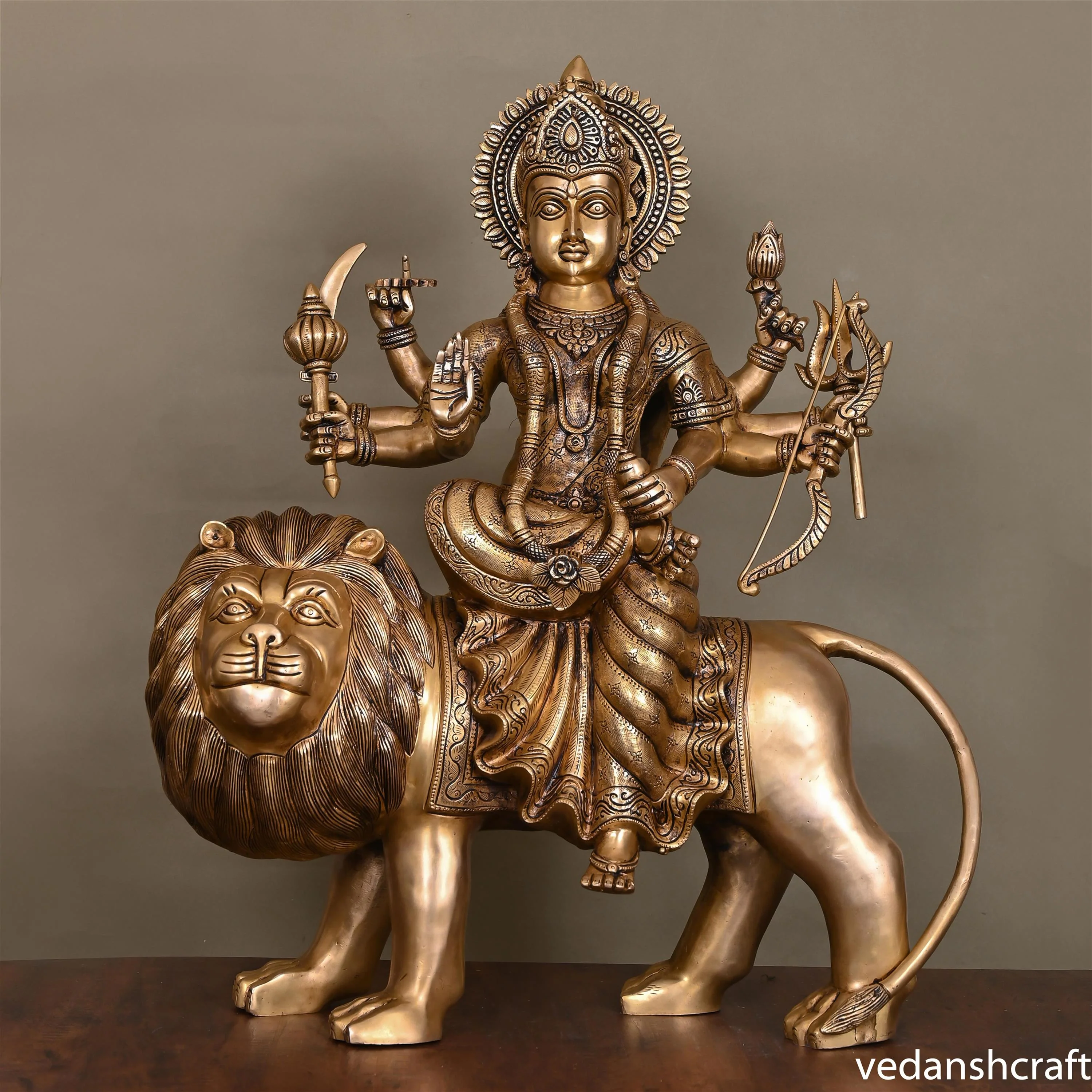 Brass Goddess Durga Sitting On Lion Superfine Idol (24.5 Inch)