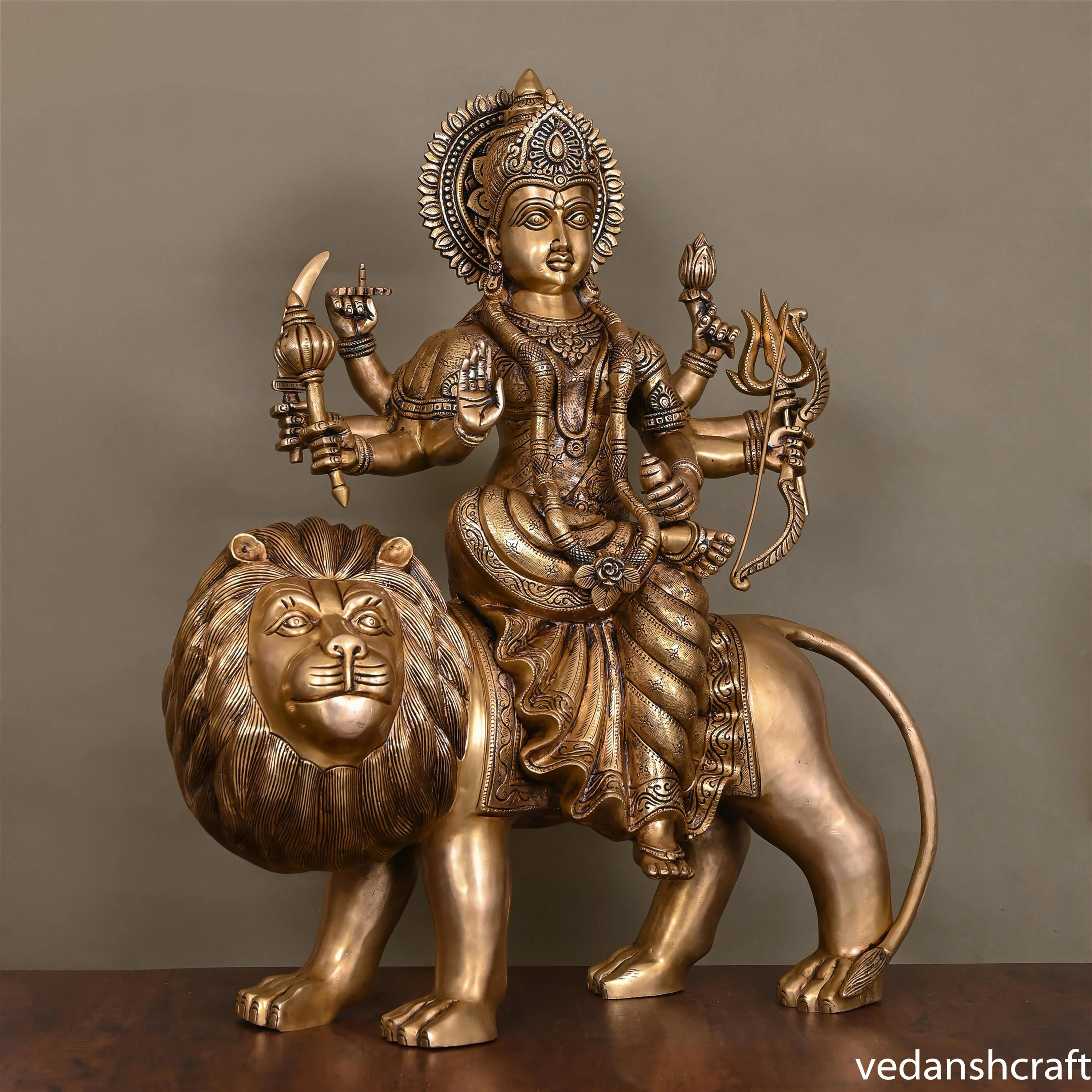 Brass Goddess Durga Sitting On Lion Superfine Idol (24.5 Inch) - Image 2