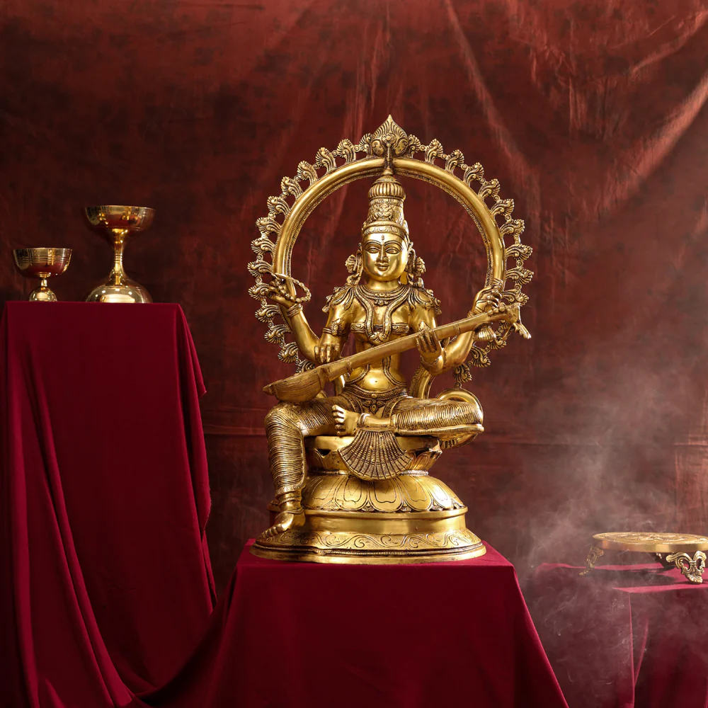 Brass Goddess Frame Sitting Saraswati Statue (27 Inch)