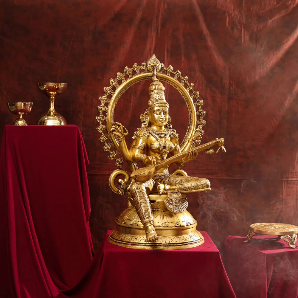 Brass Goddess Frame Sitting Saraswati Statue (27 Inch) - Image 2