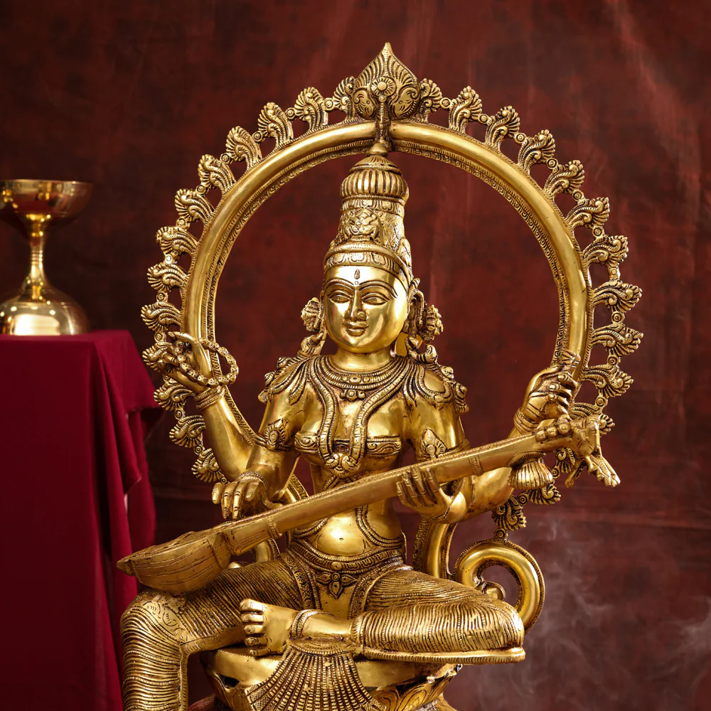 Brass Goddess Frame Sitting Saraswati Statue (27 Inch) - Image 4