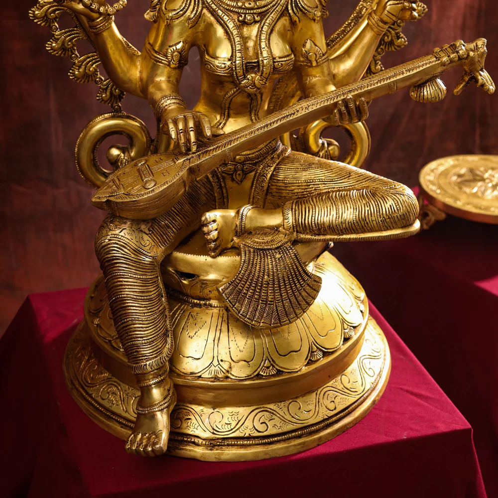 Brass Goddess Frame Sitting Saraswati Statue (27 Inch) - Image 5