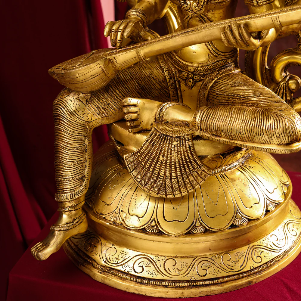 Brass Goddess Frame Sitting Saraswati Statue (27 Inch) - Image 6