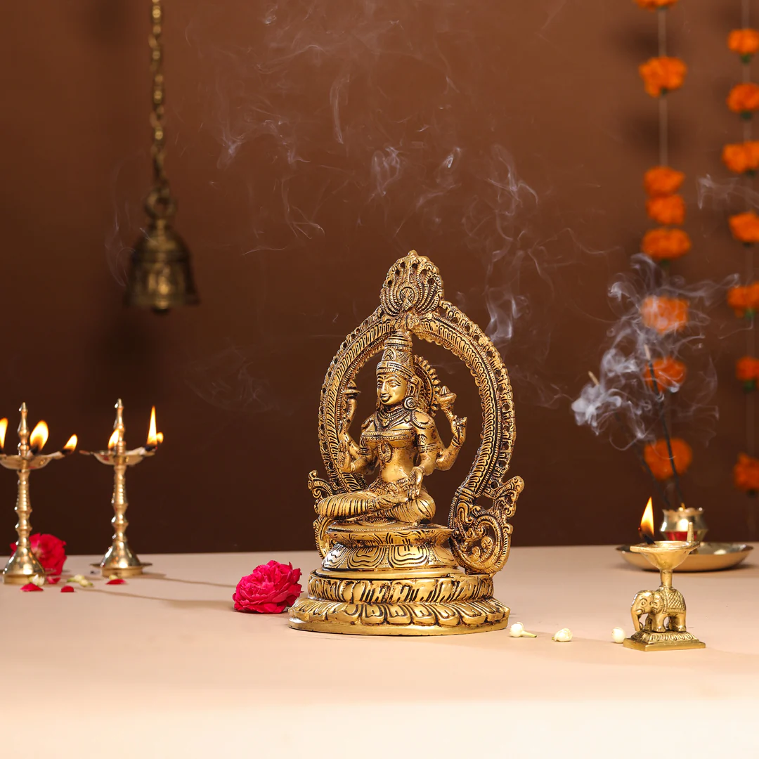Brass Goddess Sitting Lakshmi Idol (11.2 Inch) - Image 2