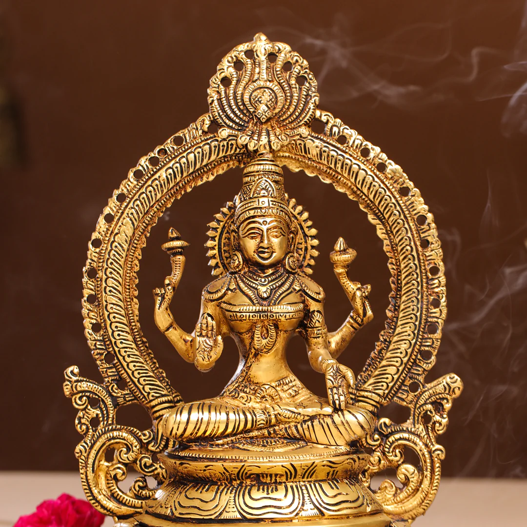 Brass Goddess Sitting Lakshmi Idol (11.2 Inch) - Image 4