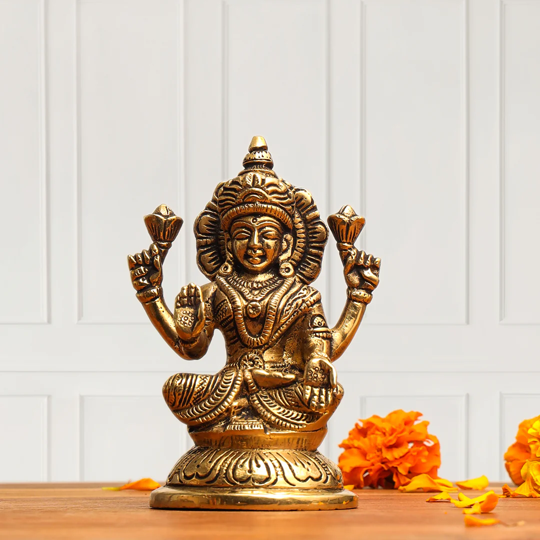 Brass Goddess Sitting Lakshmi Idol (4.5 Inch)