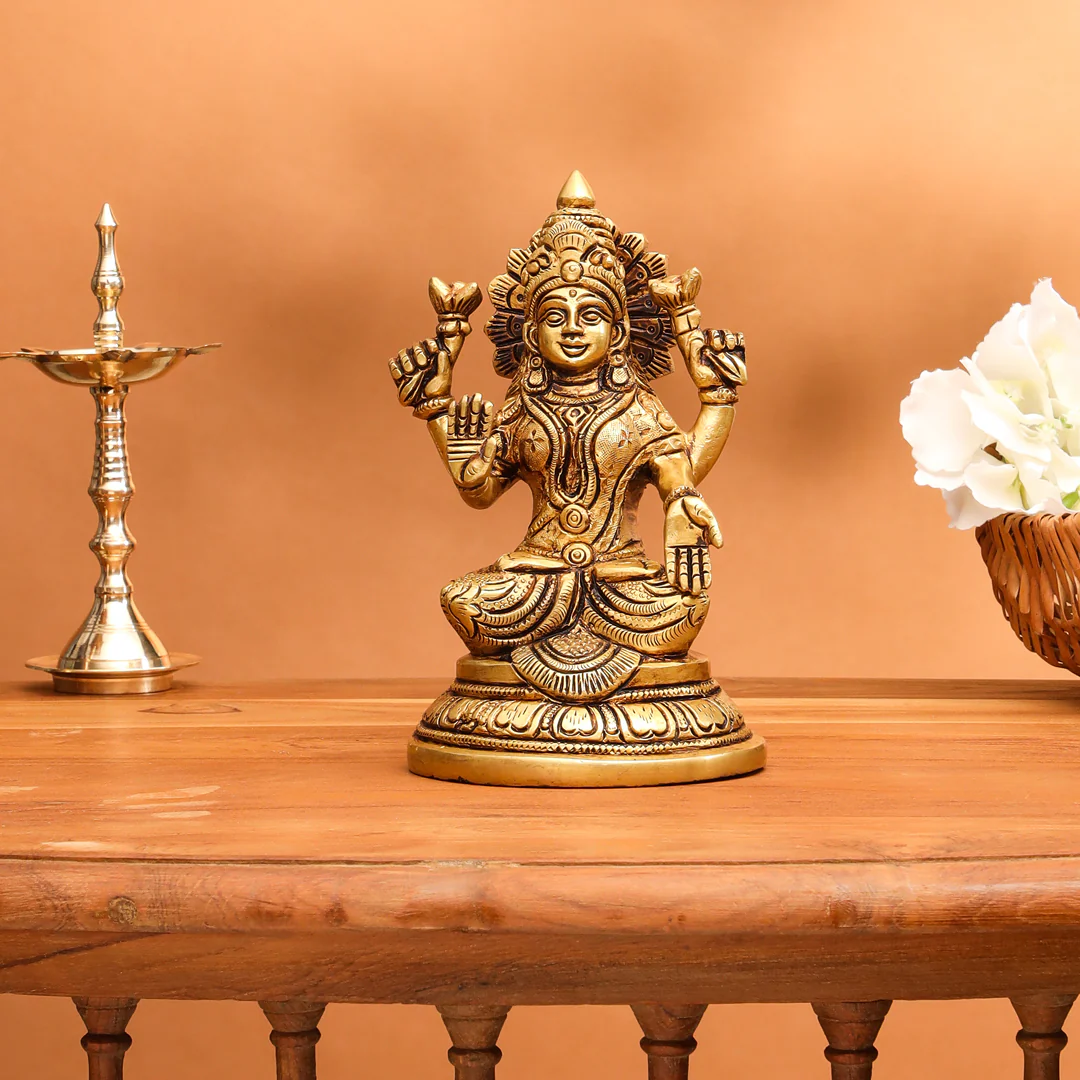 Brass Goddess Sitting Lakshmi Idol (6.8 Inch)